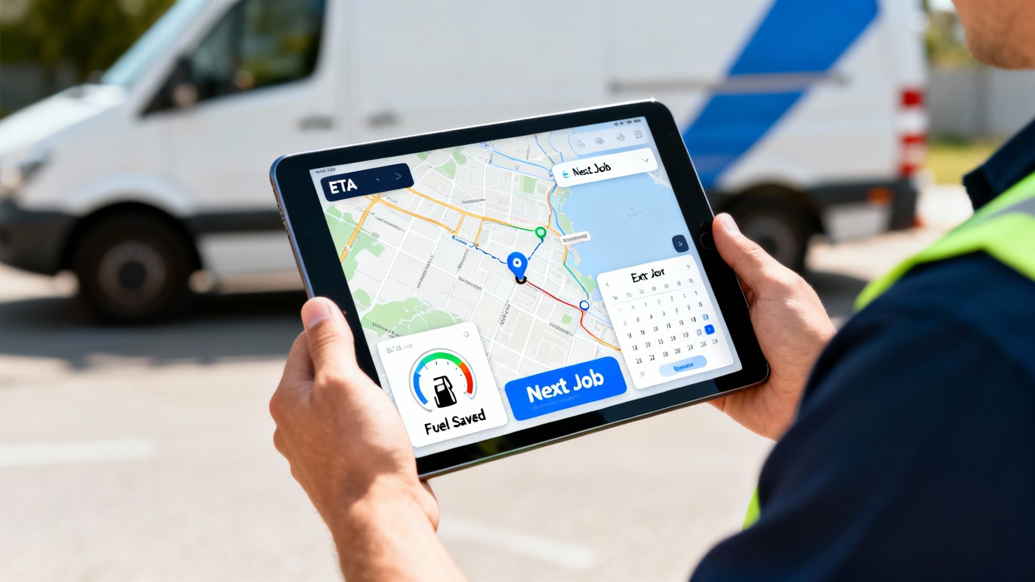 A logistics worker uses a tablet with a map-based delivery app showing routes, ETA, and fuel savings.