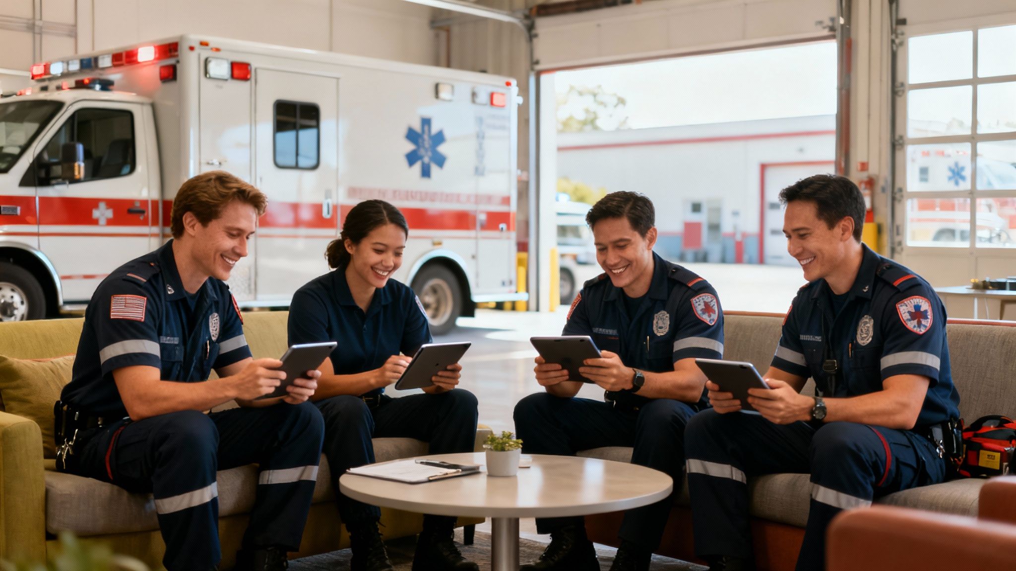 Paramedics talking next to an ambulance