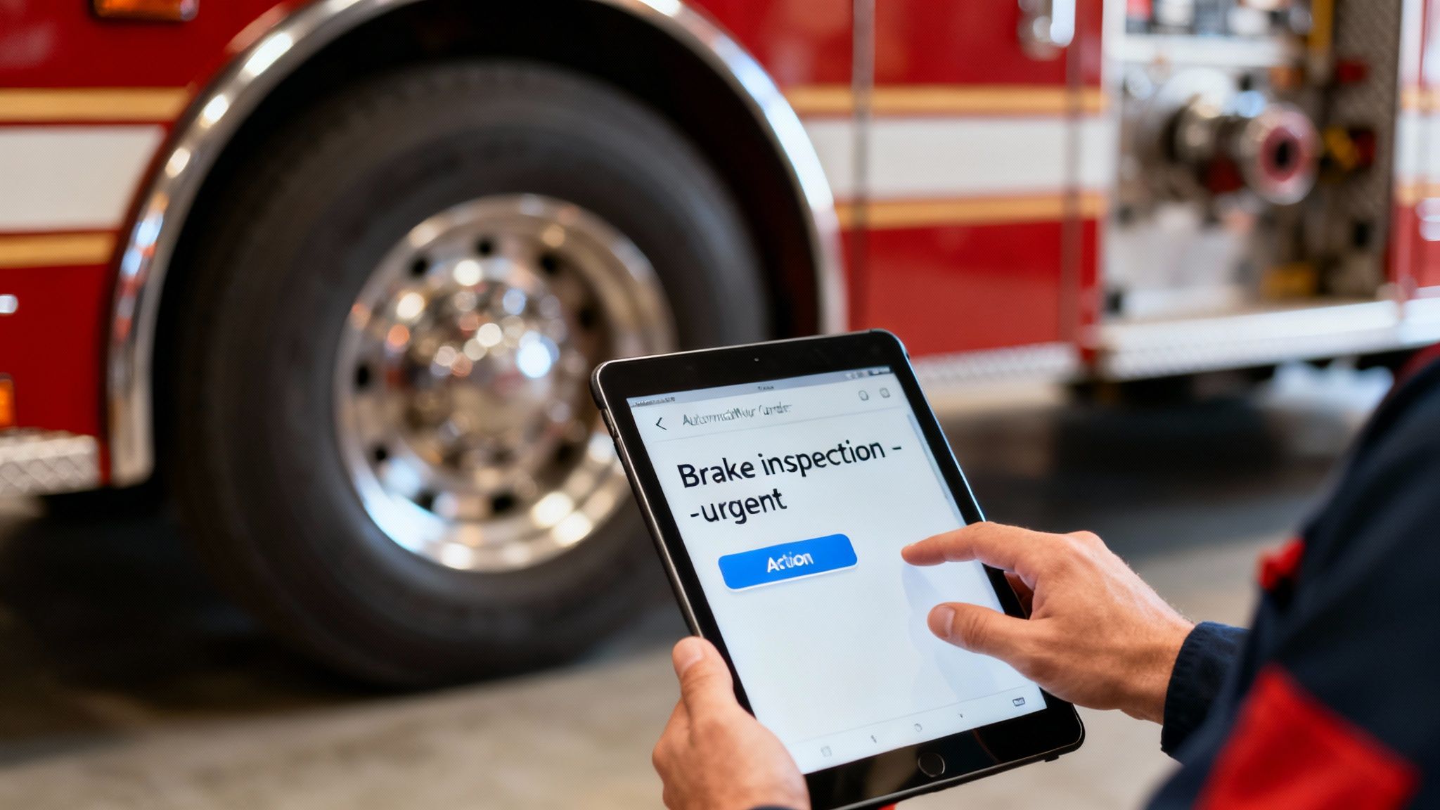 A mechanic inspecting an emergency vehicle's engine bay with a tablet.