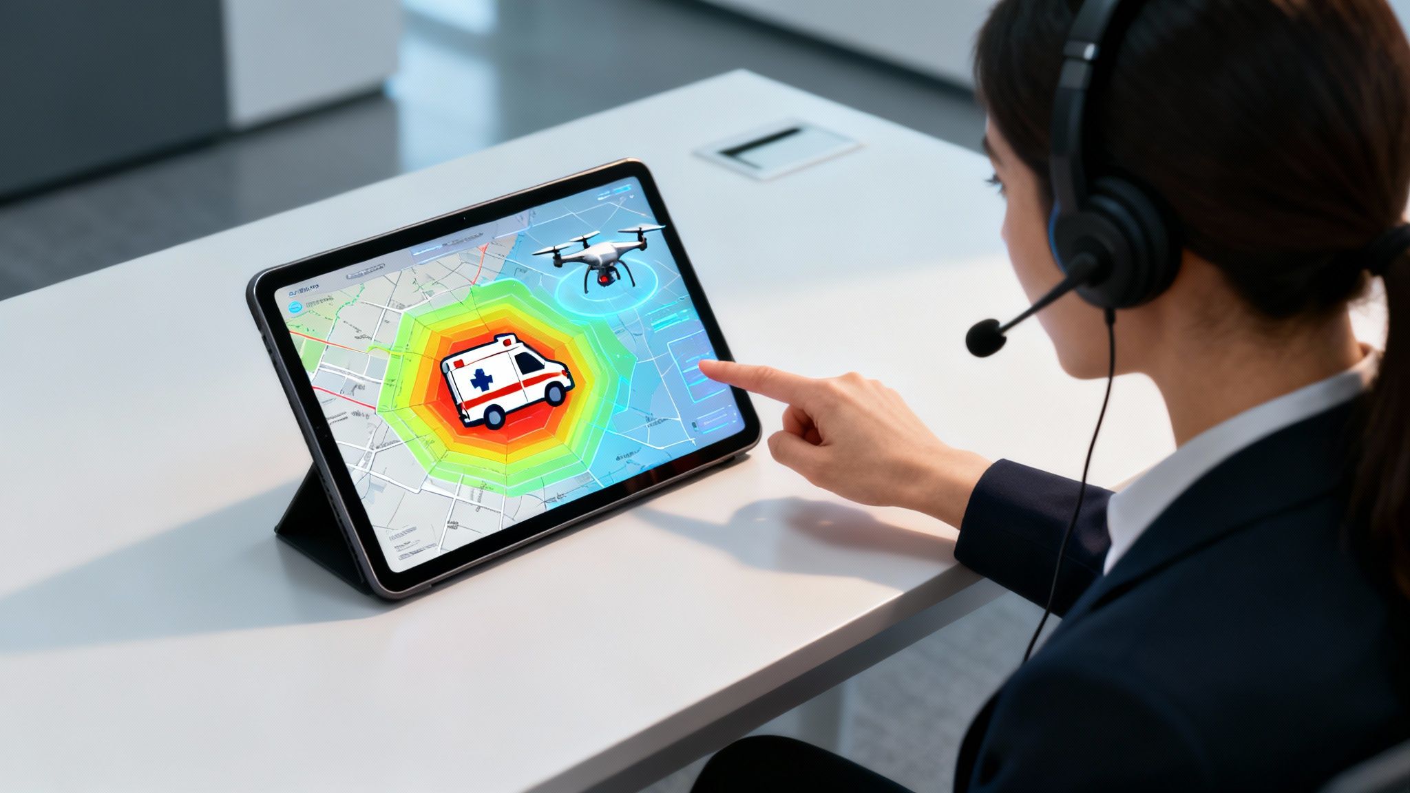 A futuristic command center with holographic displays showing maps and medical data, hinting at AI-driven emergency response.