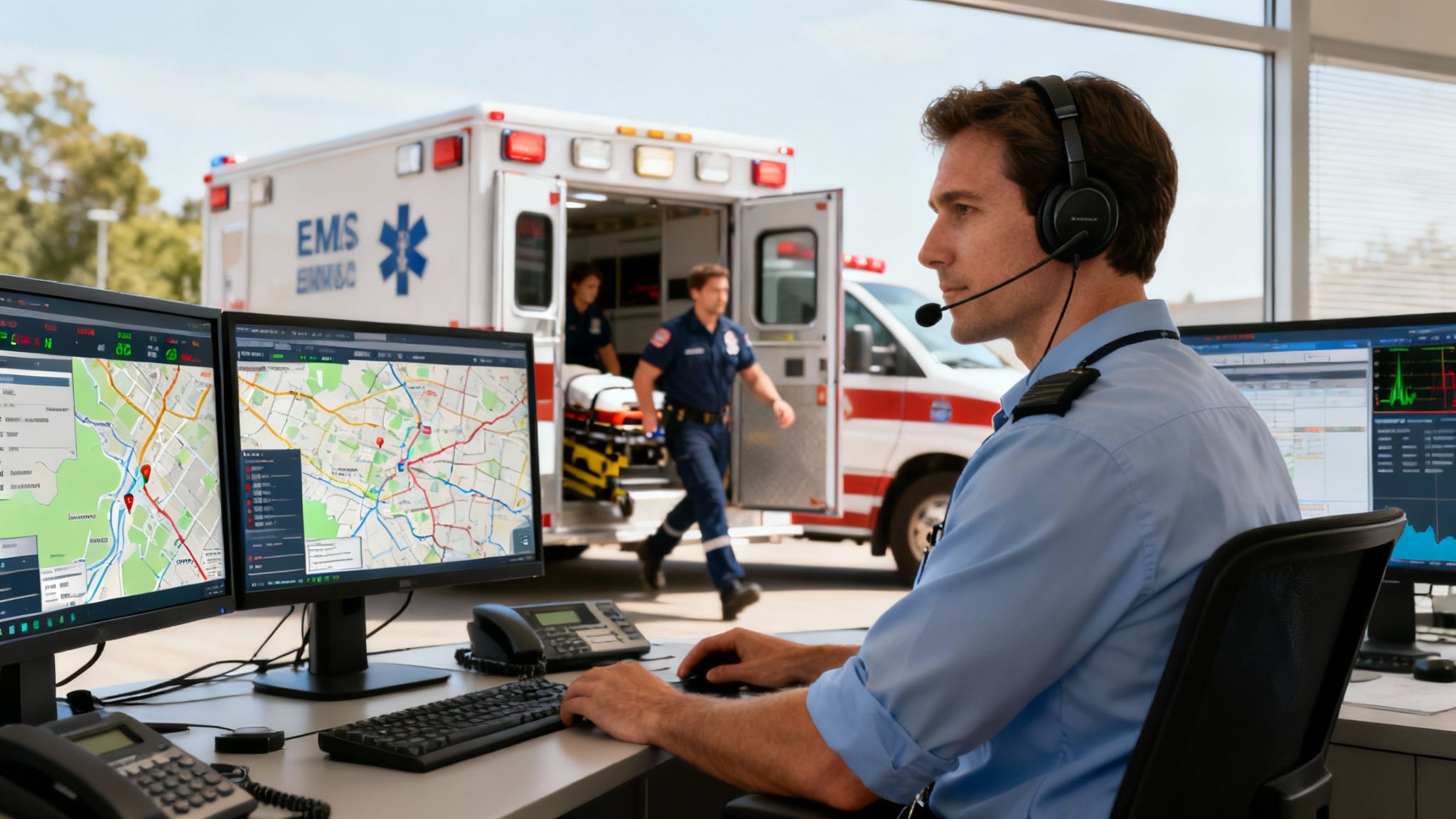 Paramedics attending to a patient, showcasing the real-world application of efficient EMS dispatch.