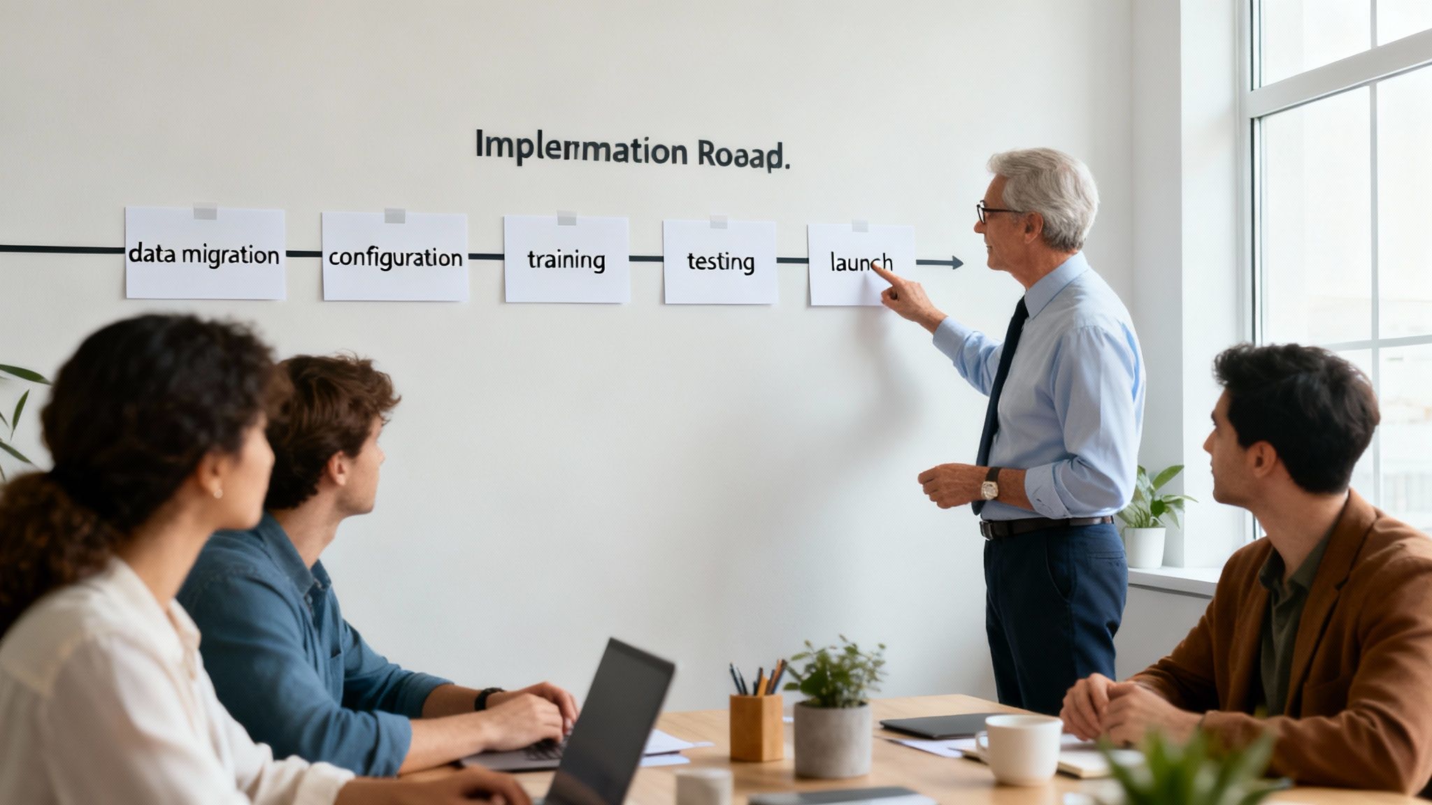 A team collaborating around a computer screen displaying a CAD dispatch system interface.