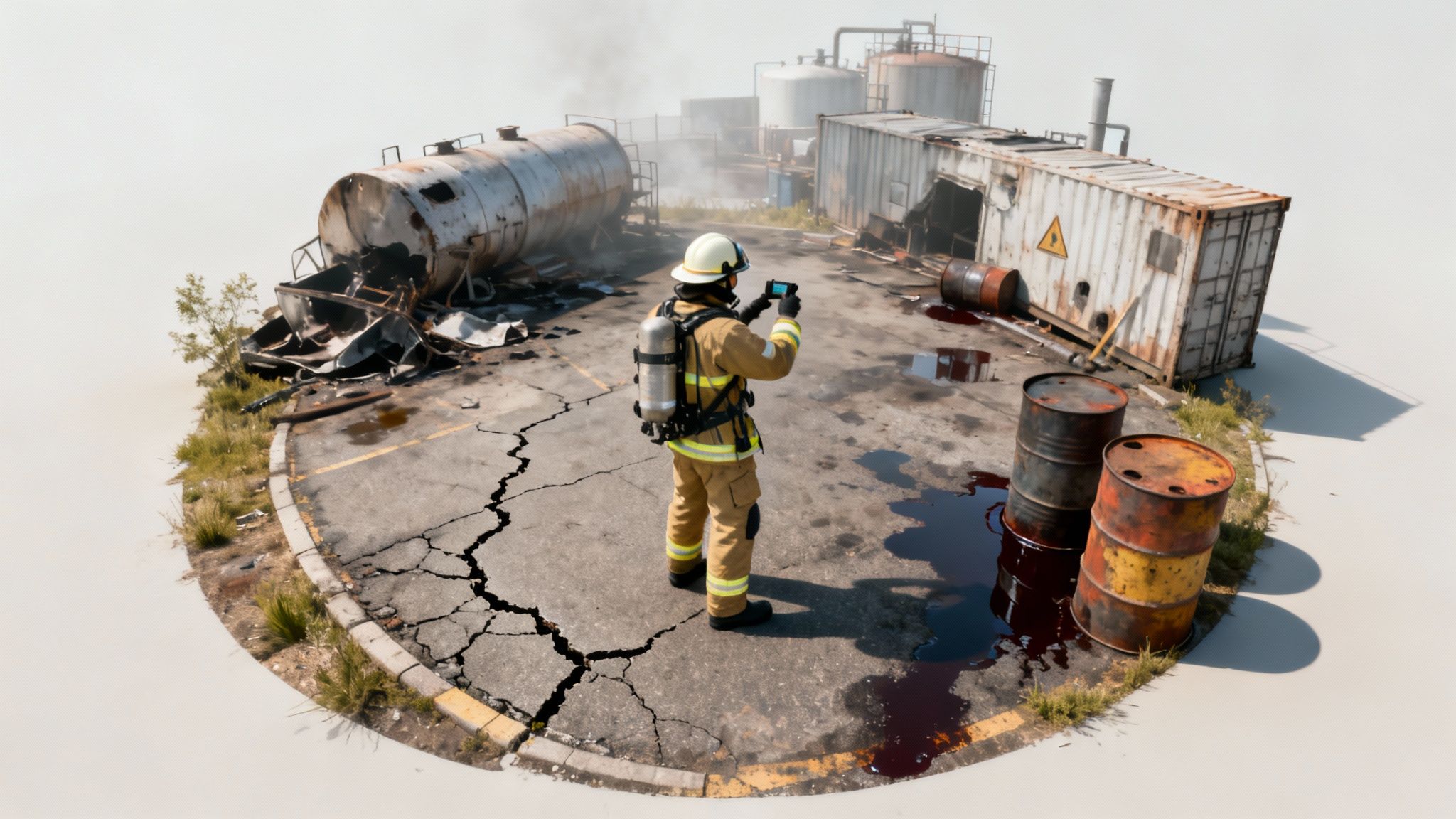 A firefighter performing a 360-degree walk-around of a damaged building, assessing structural stability and looking for hidden hazards.