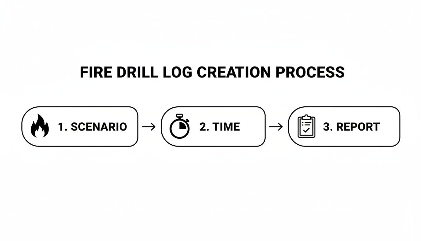 A diagram illustrating the three steps of the fire drill log creation process: scenario, time, and report.