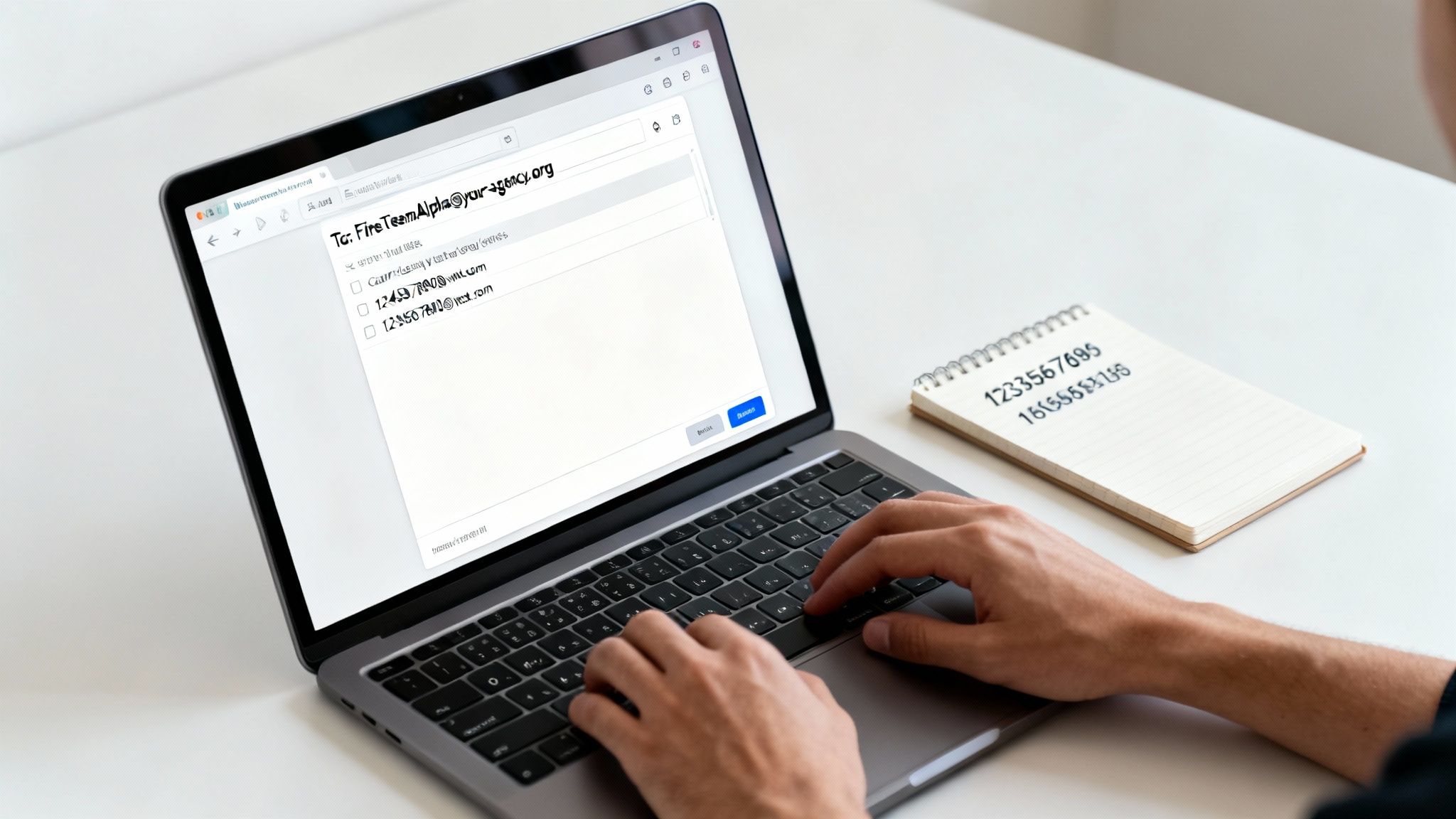 A person types an email on a laptop, composing a message to a team, with numbers written on a notepad nearby.