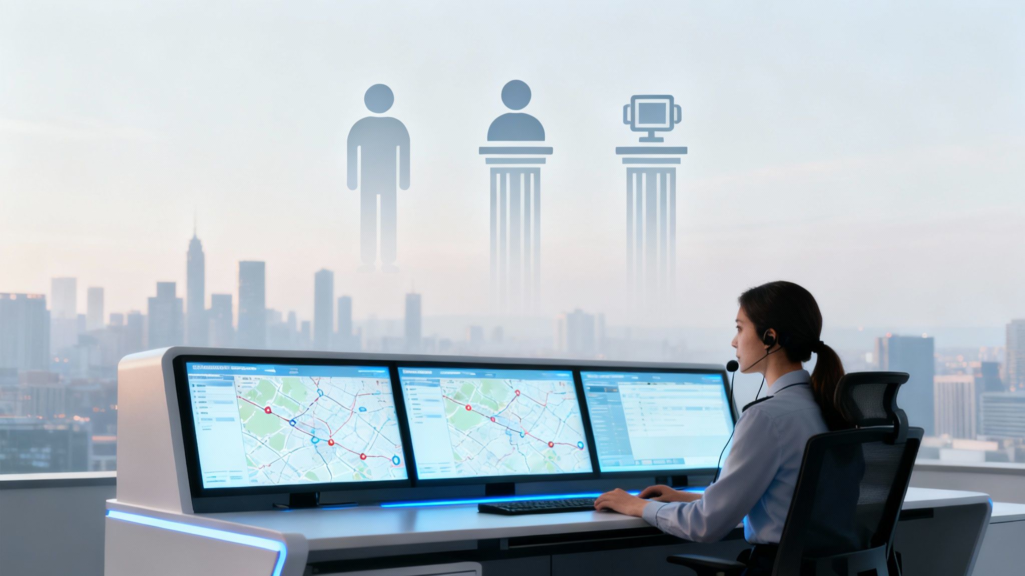 An emergency dispatcher working in a high-tech control room, focused on their screen.