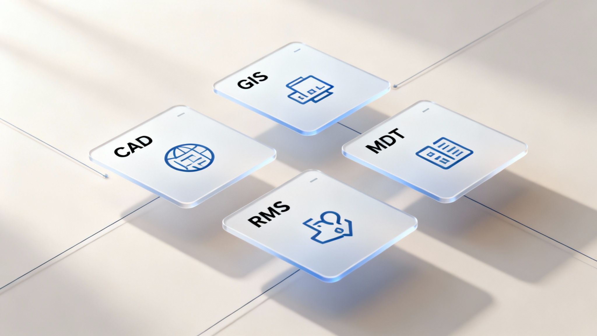 Illustrative display of four software modules: CAD, GIS, MDT, RMS with icons.