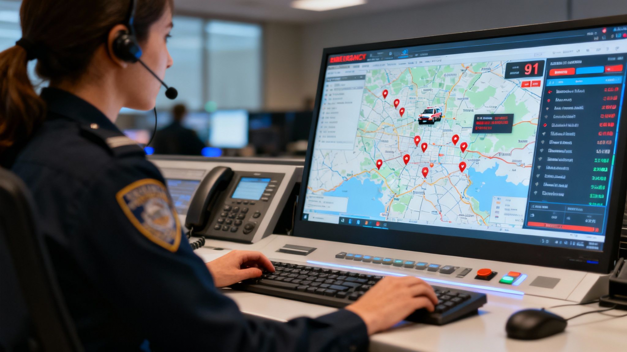 A dispatcher coordinating a response using computer assisted dispatch software on multiple monitors.