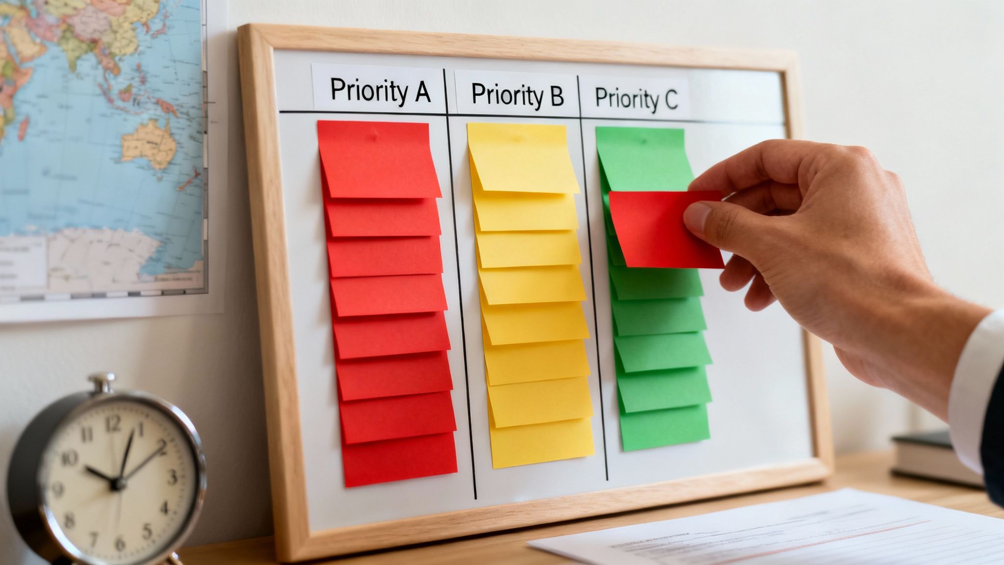 A hand places a red sticky note on a task board with red, yellow, and green priority columns.