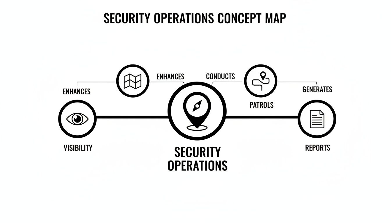 A concept map illustrating security operations and its relationship with visibility, patrolling, and reports.