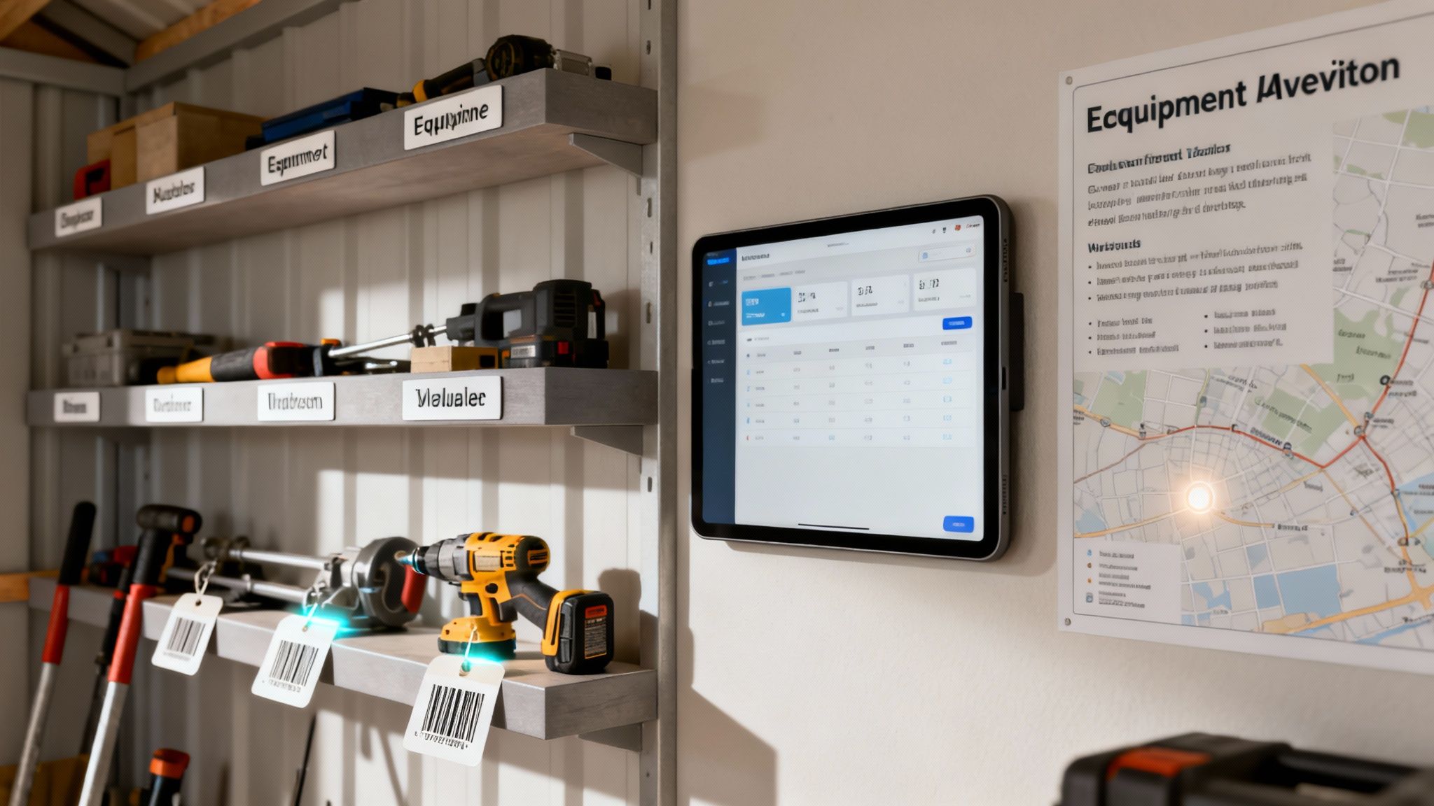 A workshop or storage area with shelves of tools, a tablet displaying an inventory, and a map.
