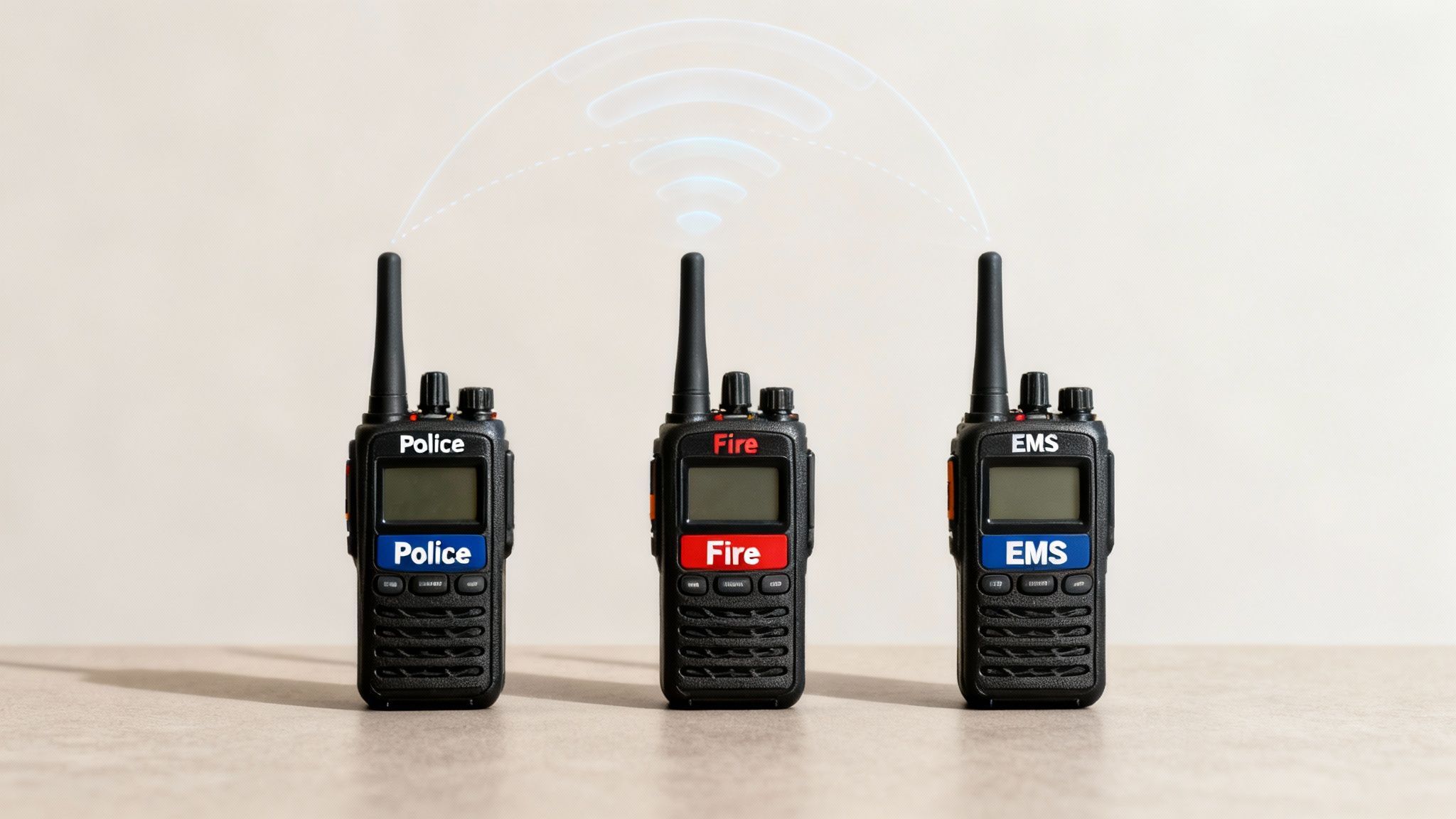 Three black walkie-talkies for Police, Fire, and EMS with visible communication signals above them.
