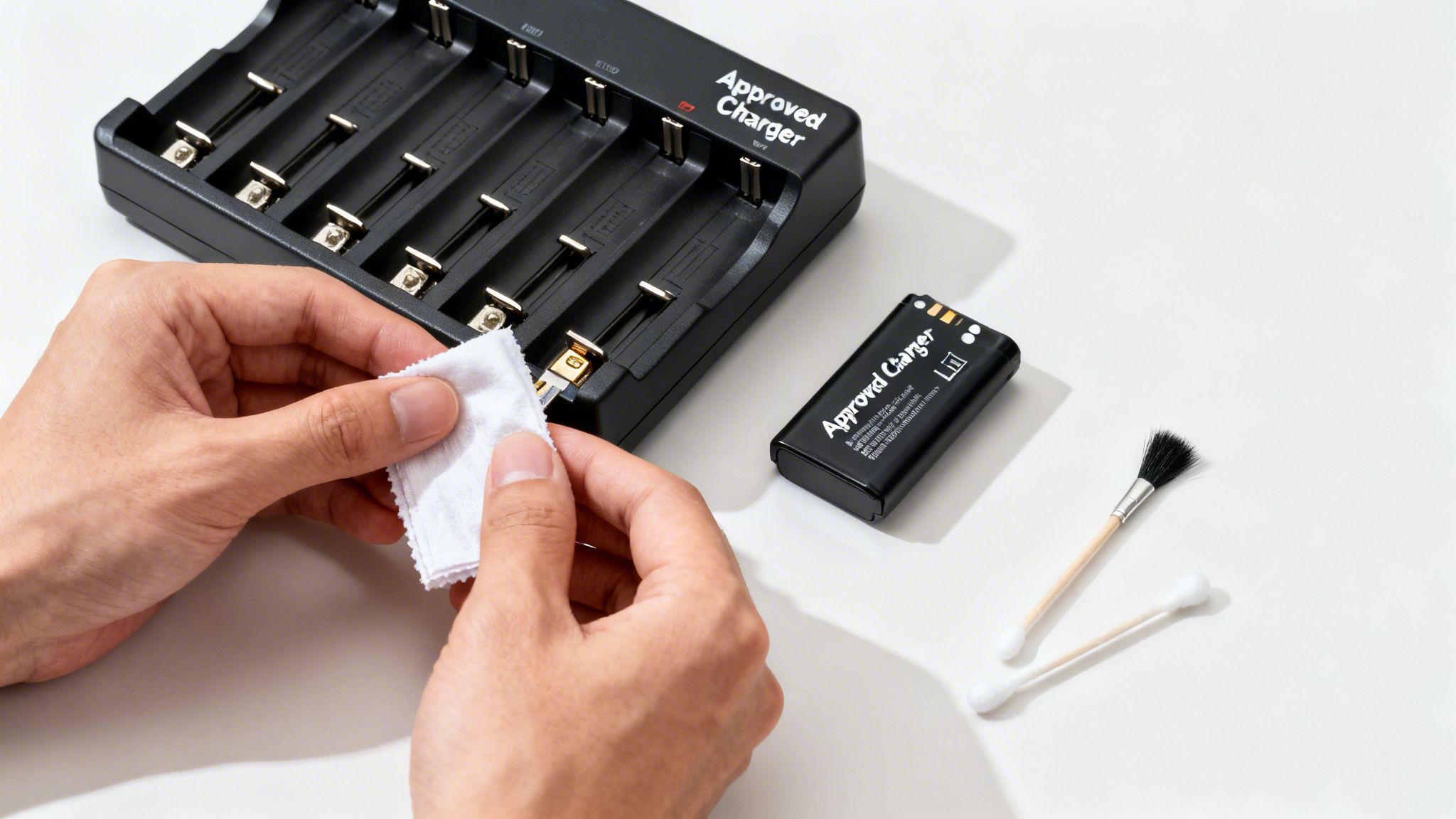 Hands cleaning a black multi-slot battery charger with a white cloth, alongside a battery and tools.
