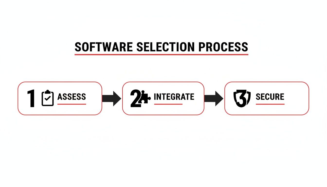A diagram illustrates the three-step software selection process: Assess, Integrate, and Secure, with corresponding icons.