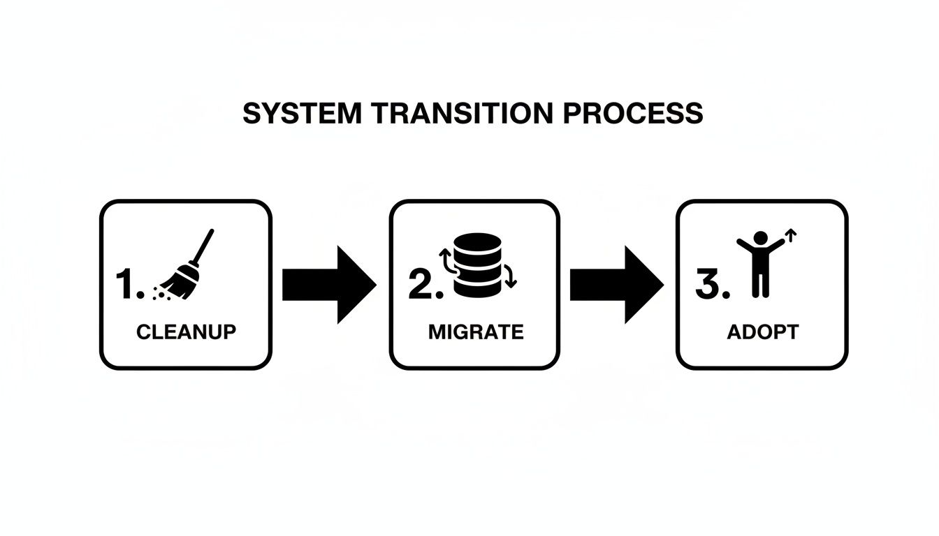 Flowchart illustrating a three-step system transition process: cleanup, migrate, and adopt.