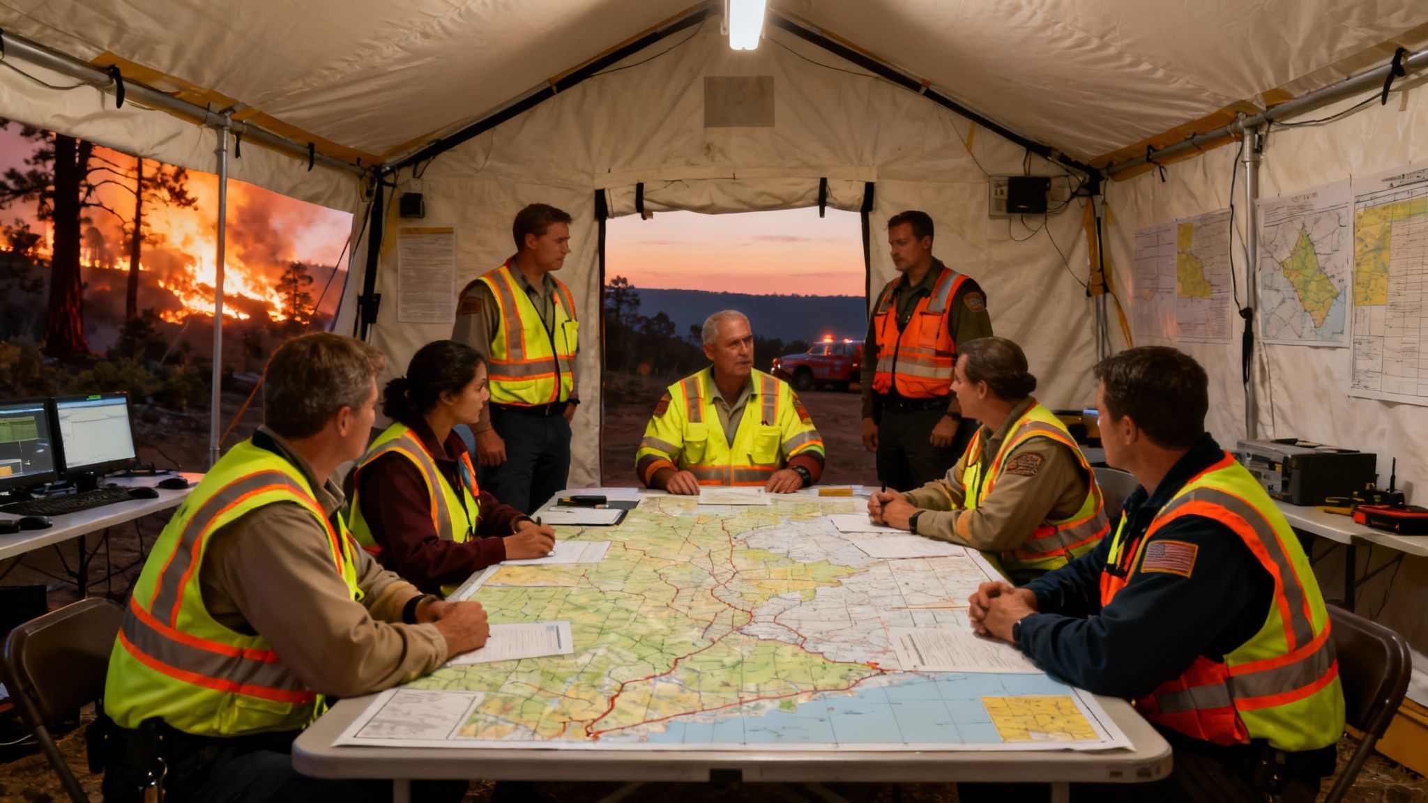 A group of emergency responders collaborating around a vehicle, demonstrating the Incident Command System in action.