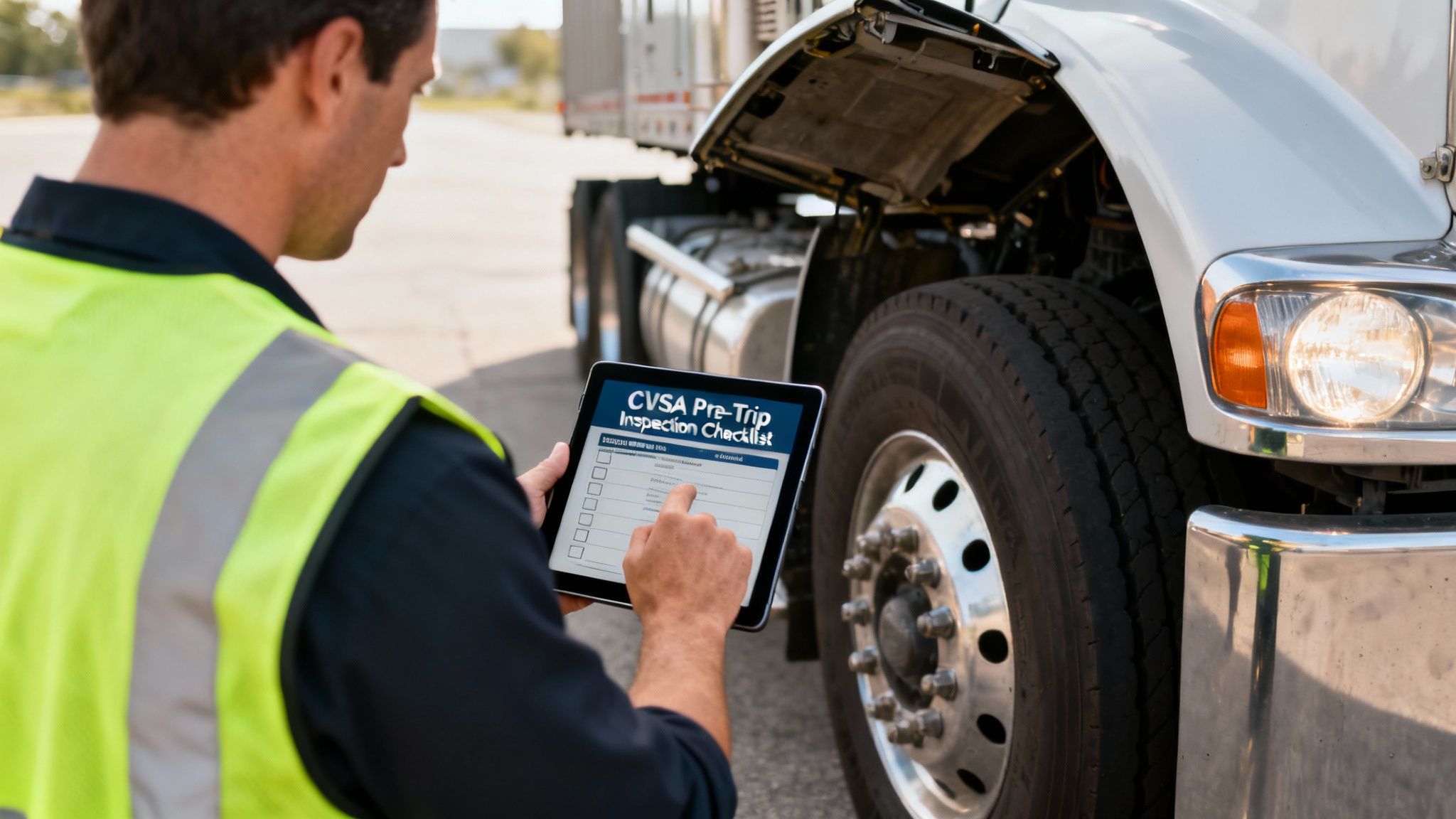 A man in a safety vest checks a CVSA pre-trip inspection checklist on a tablet next to a semi-truck.
