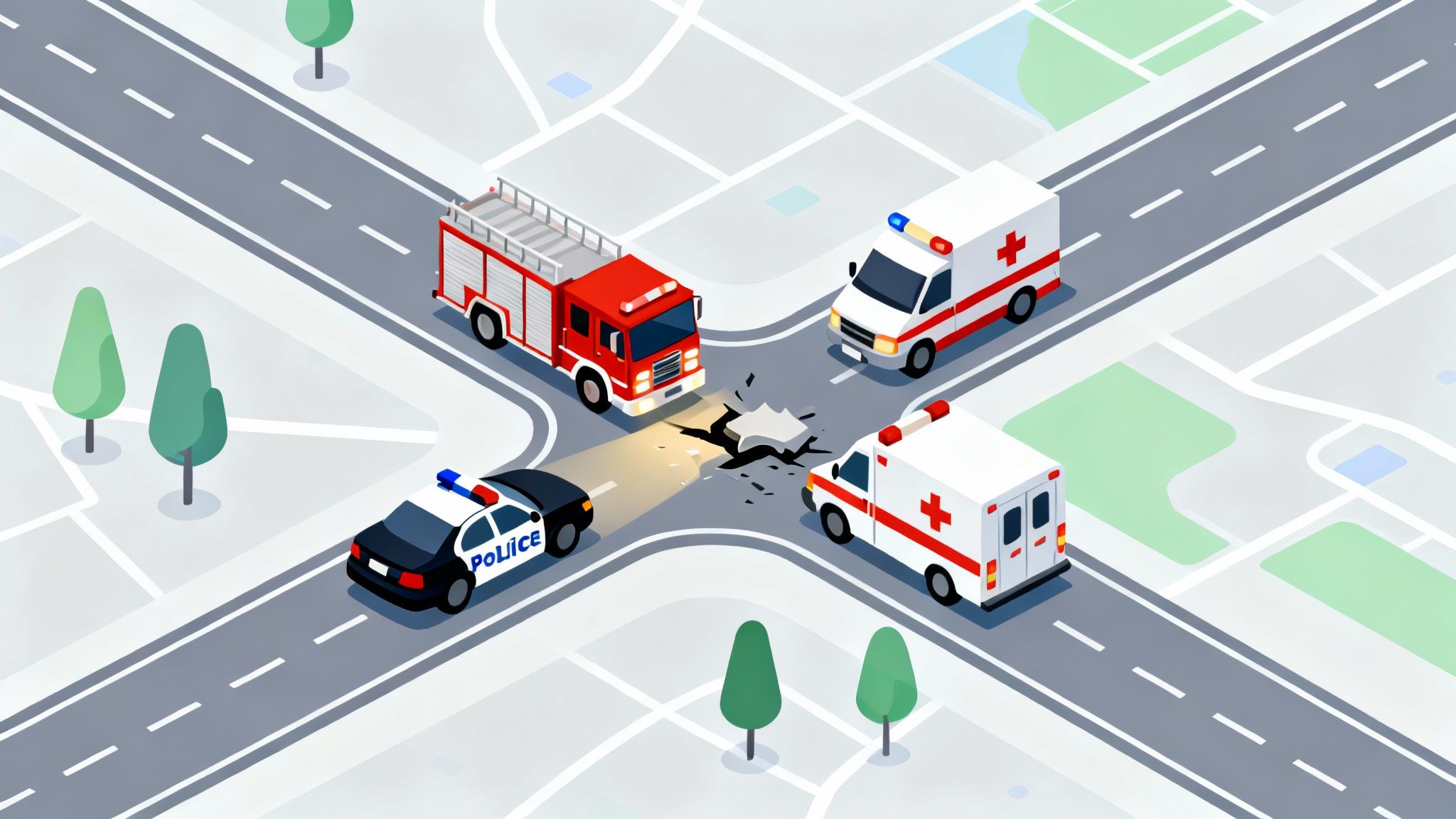 A variety of professionals, including first responders and field technicians, using tablets and devices connected to a central dispatch system.