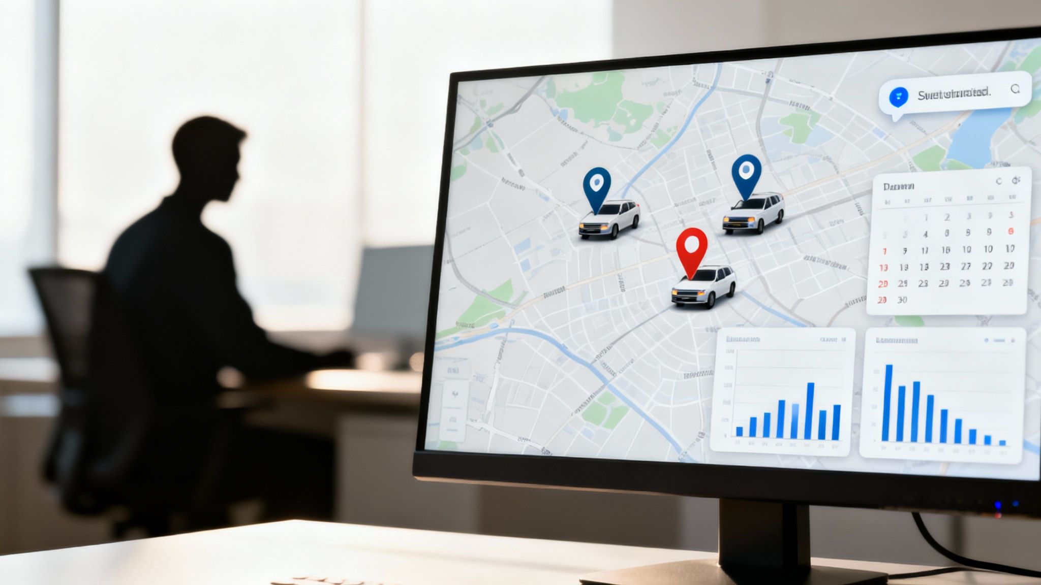 A monitor displays cloud-based dispatch software with a map showing three cars, a calendar, and charts.