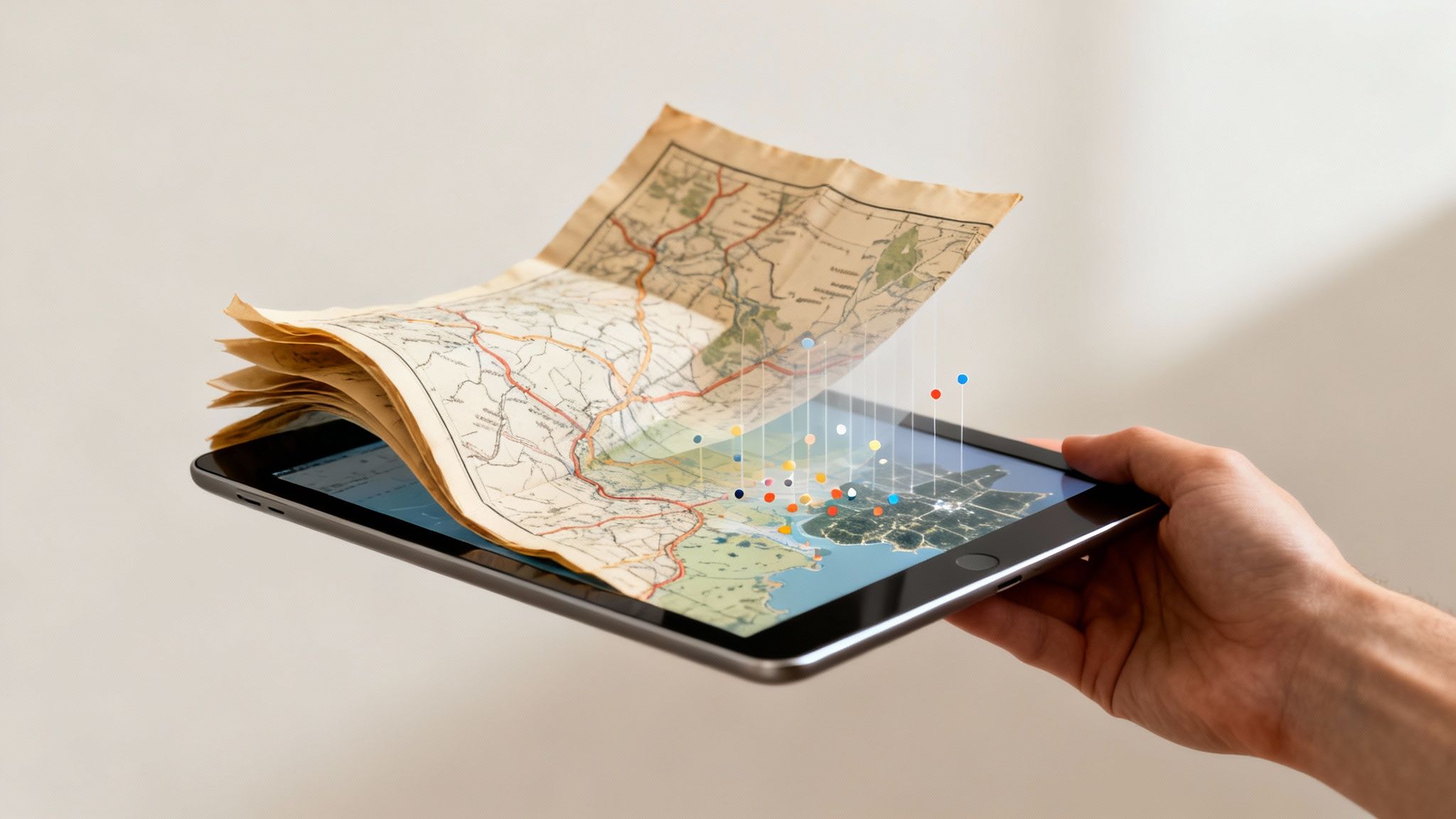 Hand holding a tablet displaying a digital map seamlessly merged with an old physical map, with data points.
