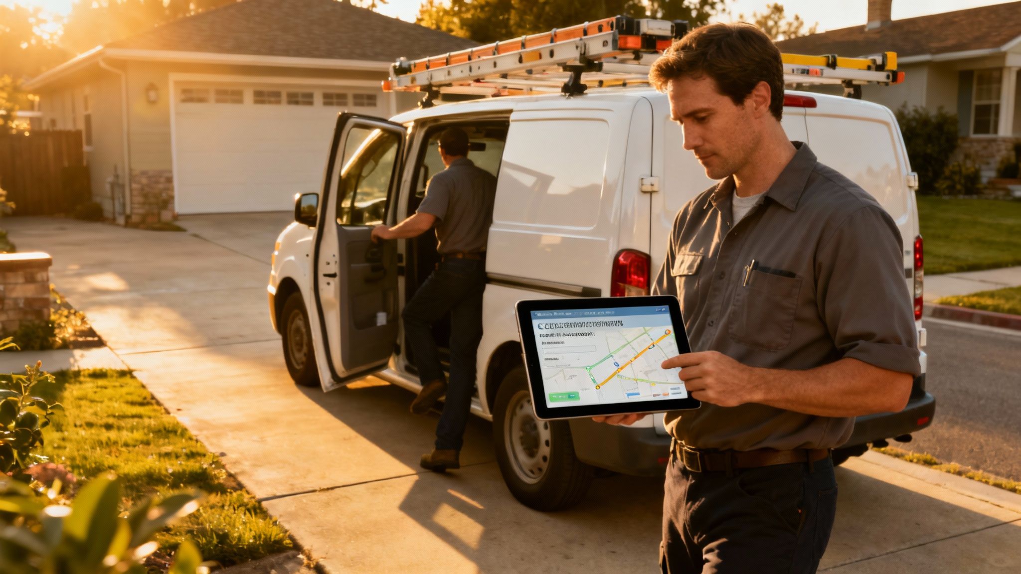 Two field service technicians, one looking at a tablet with a dispatch map, next to their service van.