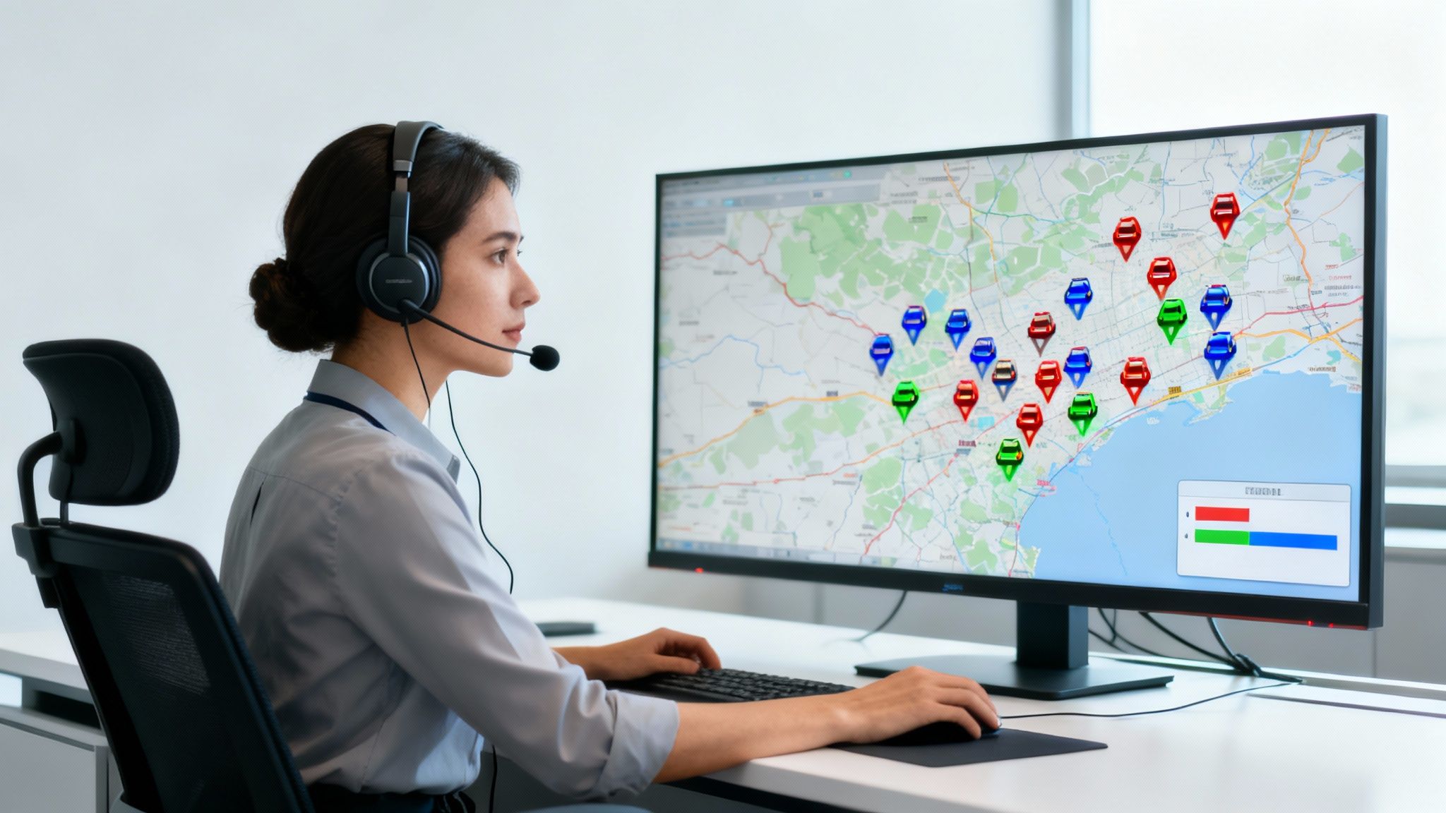 A woman in a headset monitors a map on a computer screen displaying colored car icons.