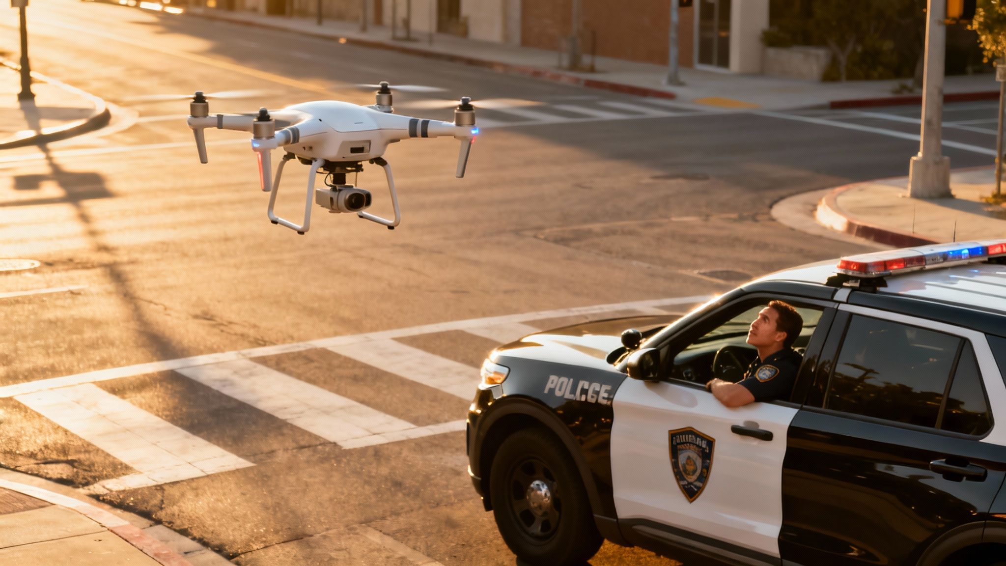 Police officer in patrol car looks up at a white drone flying overhead on a city street.