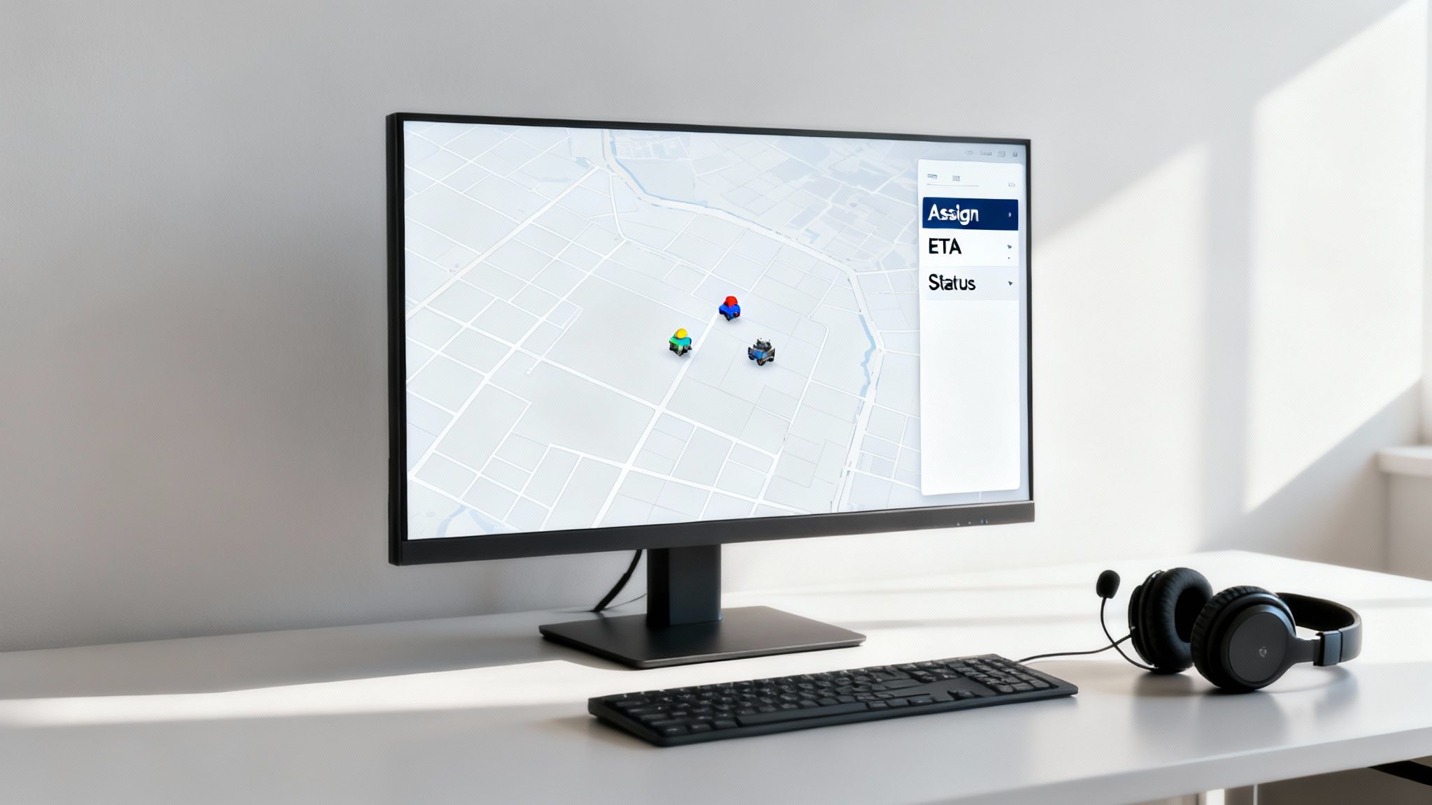 A computer monitor displays a dispatch map with three colorful vehicles, assignment options, keyboard, and headphones.