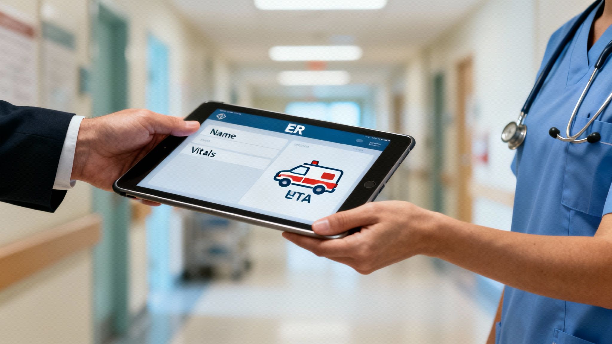 Hands exchanging a tablet displaying ER patient information and an ambulance logo in a hospital hallway.