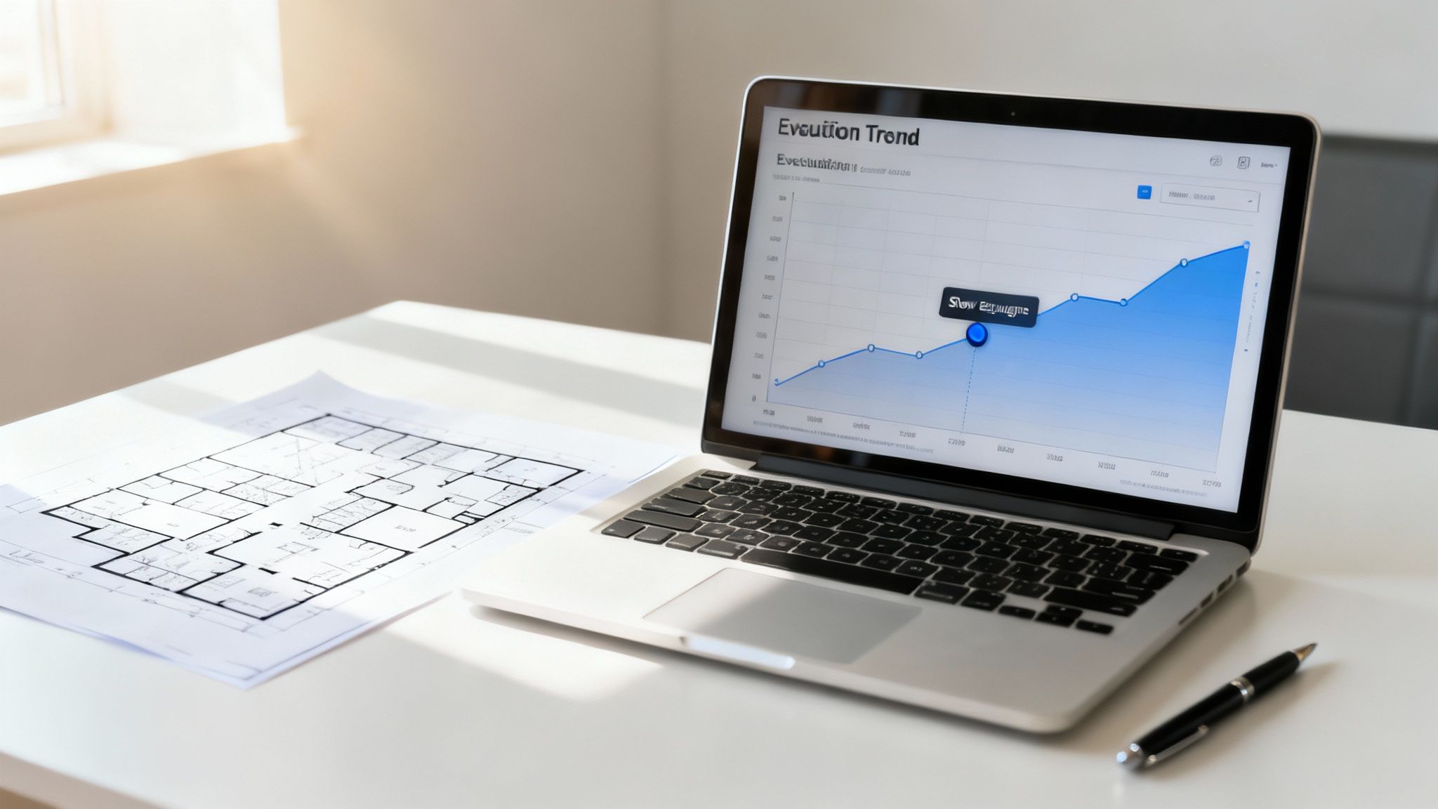 Laptop on a white desk displays a blue evolution trend graph next to building plans.