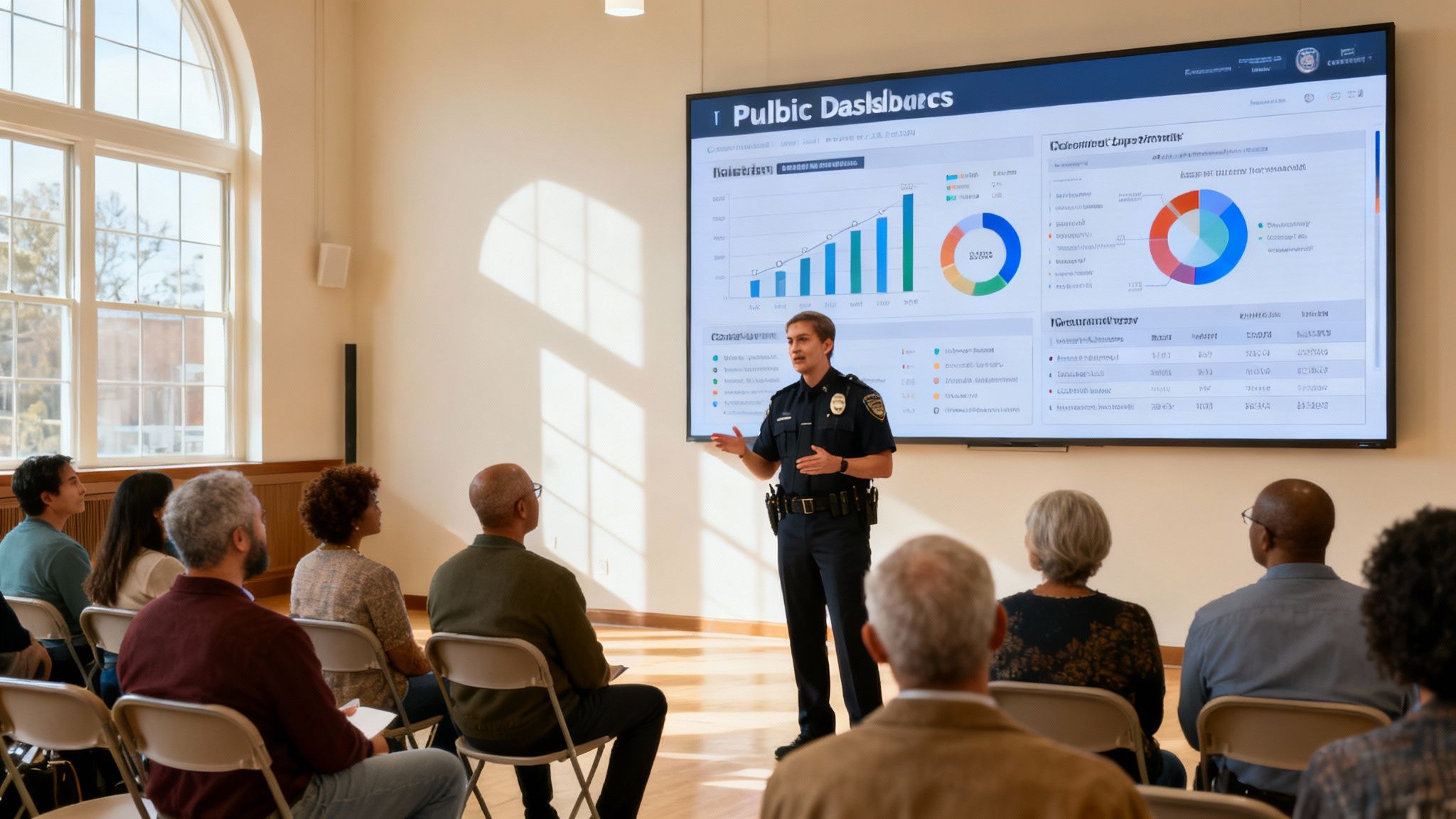 A police officer presents data on a large screen to an attentive, diverse community audience.