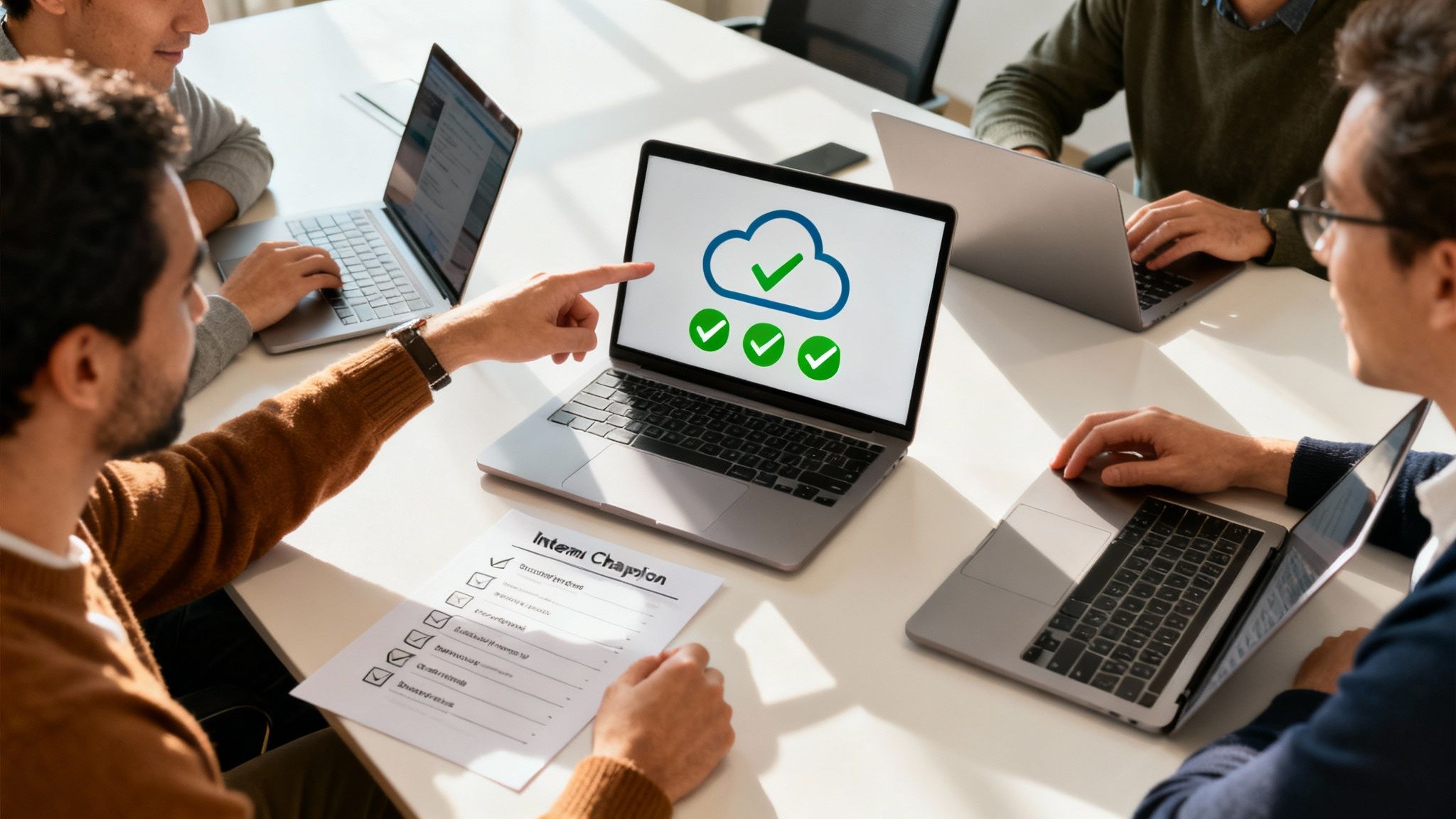 Diverse team collaborating in a bright office, pointing at a laptop displaying cloud software with green checkmarks.