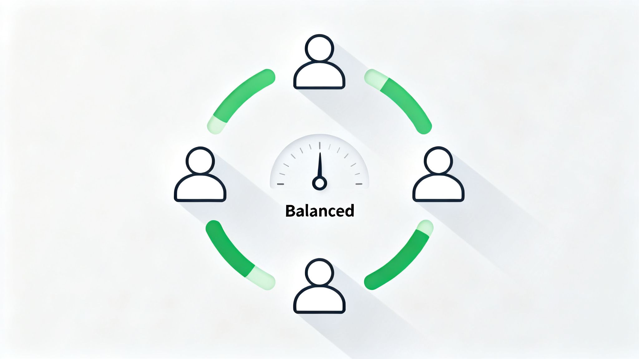 Four human icons in a circle with green progress bars and a central 'Balanced' gauge, depicting balanced resource allocation.