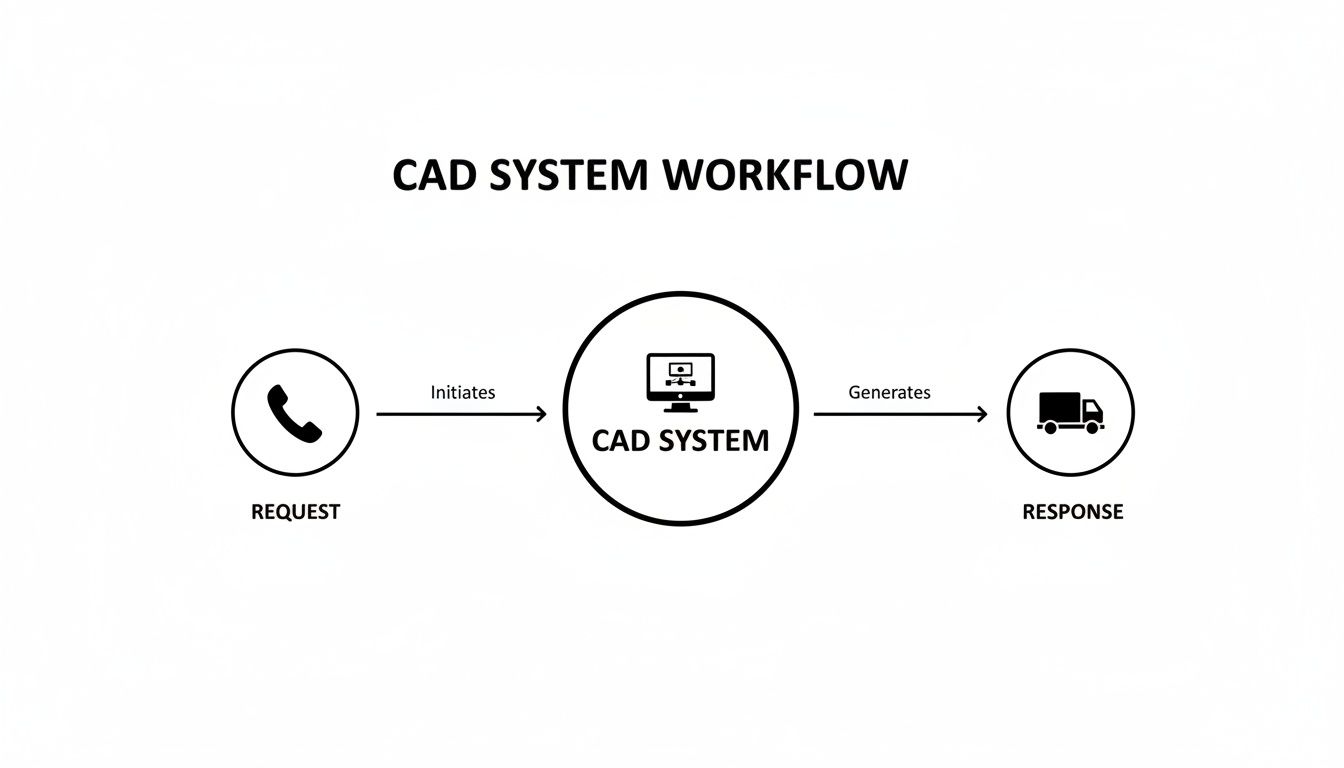 Workflow diagram showing a request (phone) initiating a CAD system (computer), which generates a response (truck).