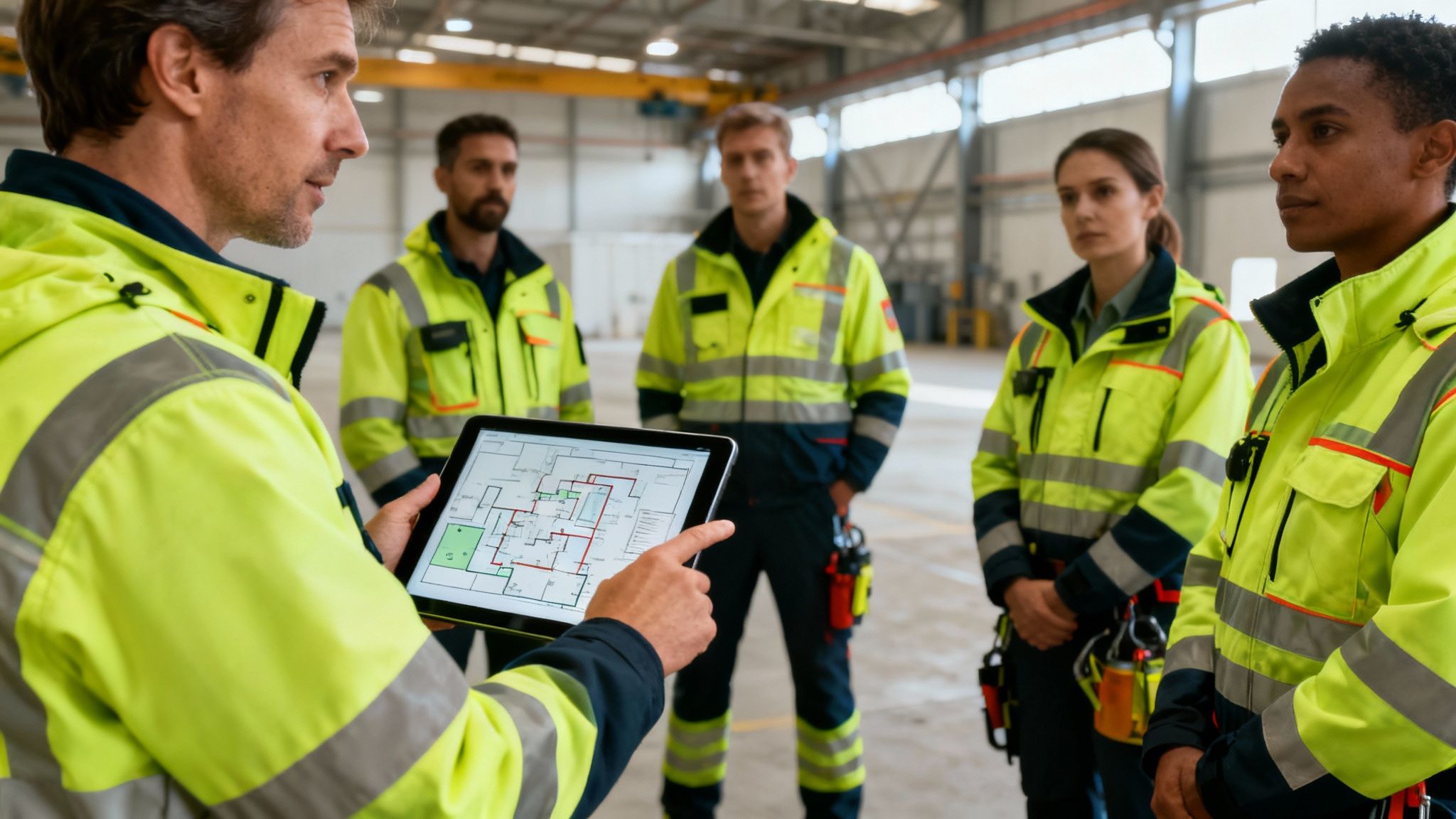 A team of emergency responders in uniform discussing a plan.