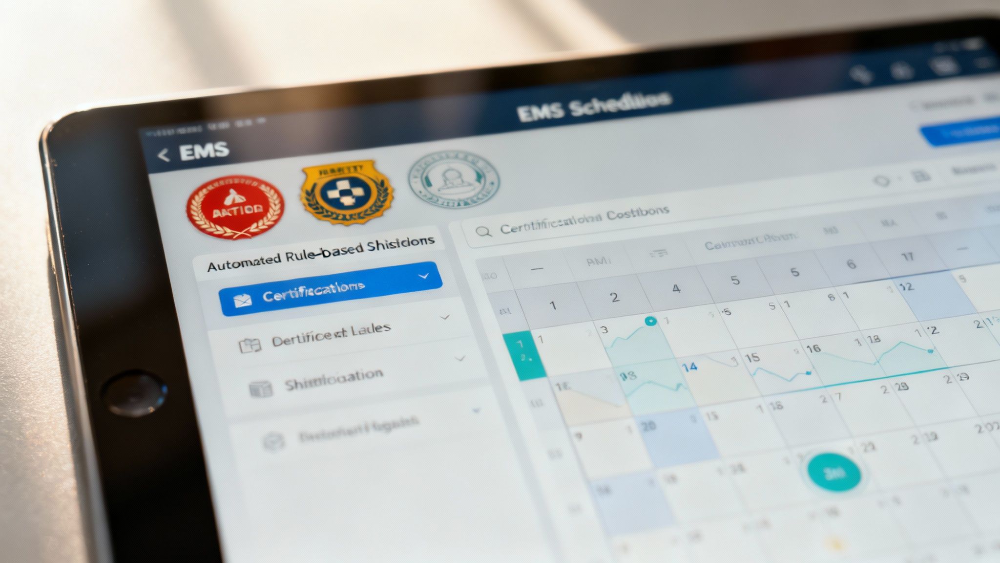 A close-up of a tablet screen displaying a clean, modern EMS scheduling interface.