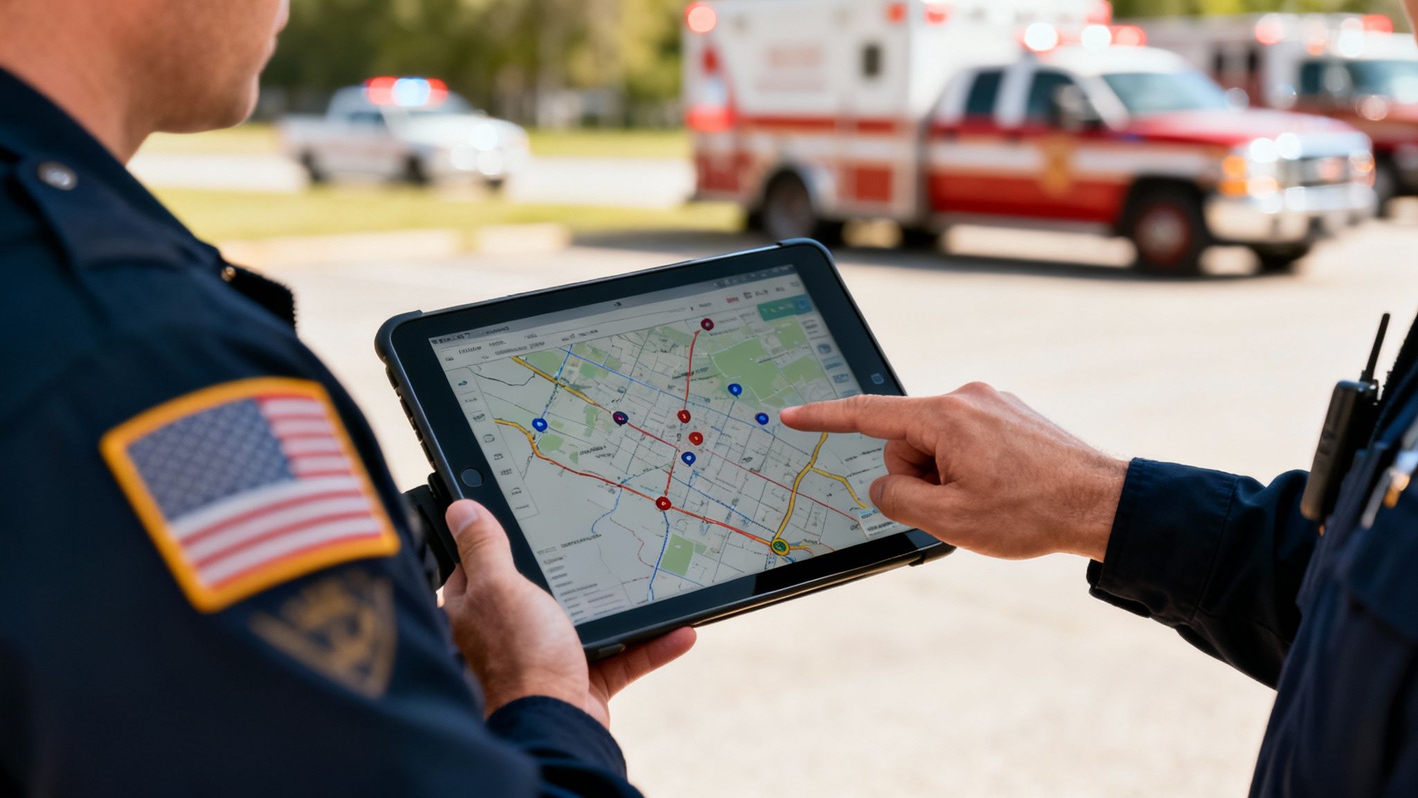 First responders use a rugged tablet displaying a map, coordinating emergency operations with vehicles nearby.