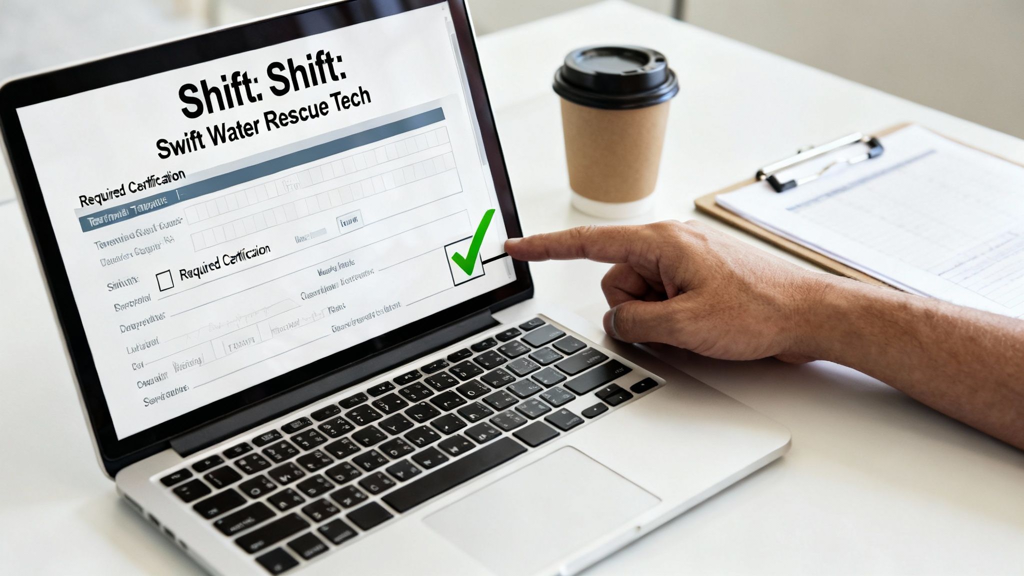 A hand selects a "Required Certification" checkbox on a laptop displaying a "Swift Water Rescue Tech" online form.