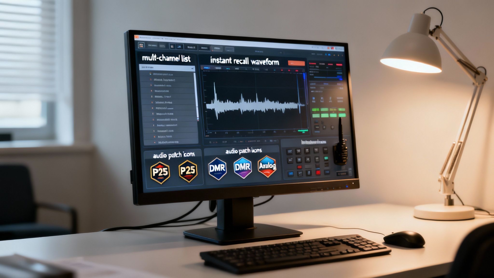 A computer monitor on a desk displays radio dispatch software with waveforms, a channel list, and audio patch icons. A keyboard, mouse, and desk lamp are visible.