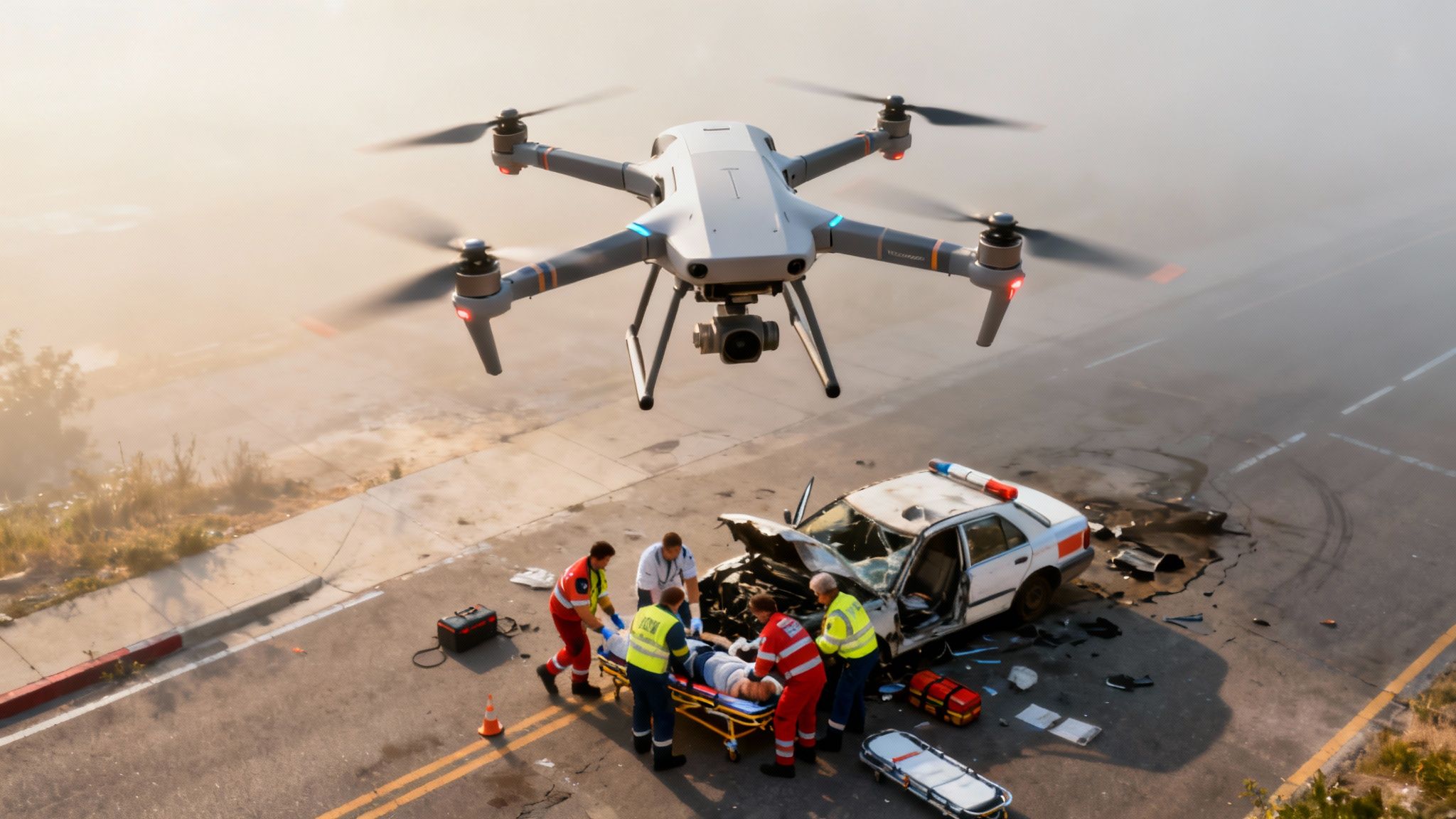 A first responder uses a drone controller to get an aerial view of a large incident scene, with the drone's feed visible on the screen.