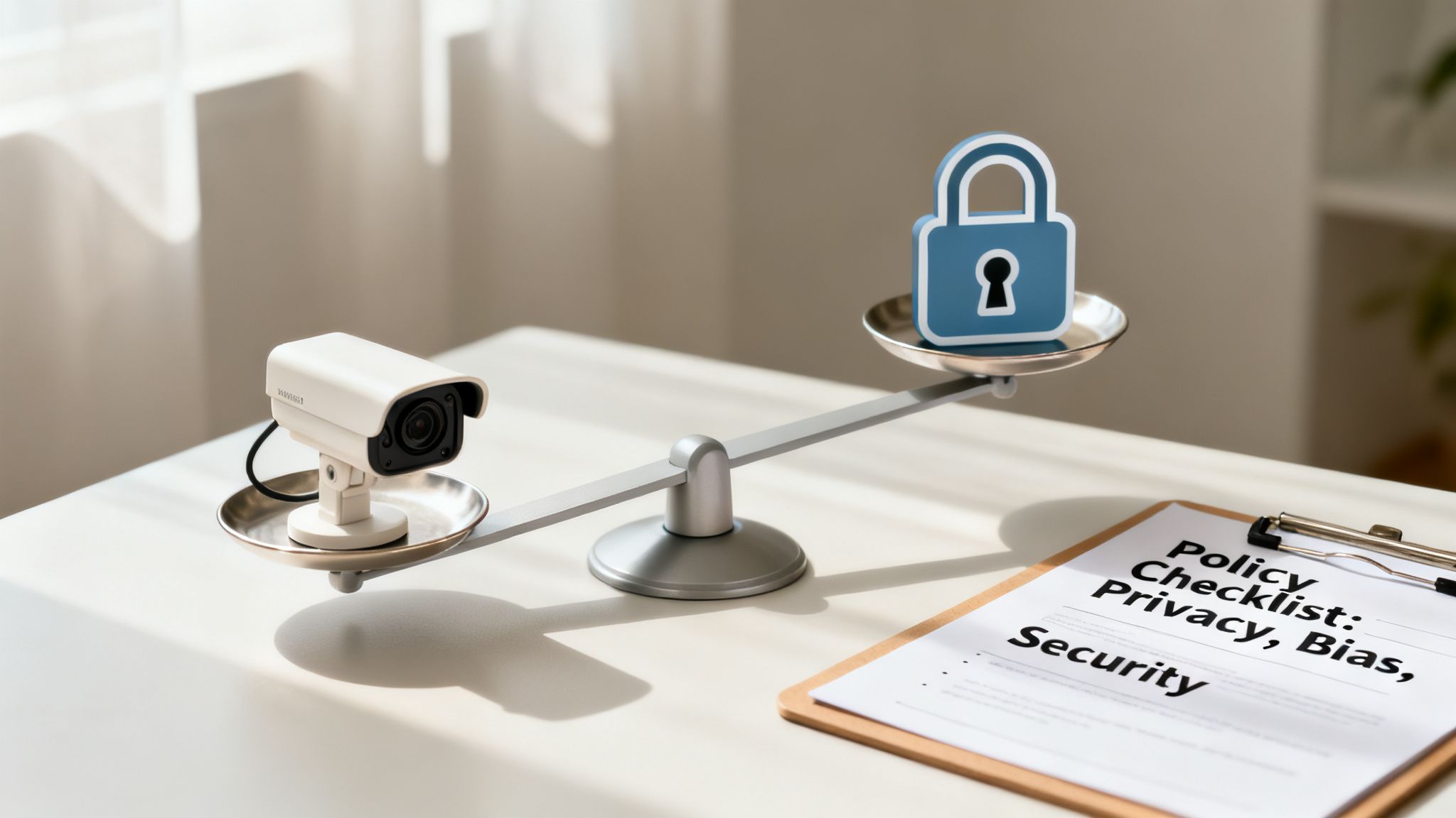 A scale balances a surveillance camera and a blue padlock, with a policy checklist on privacy and security nearby.