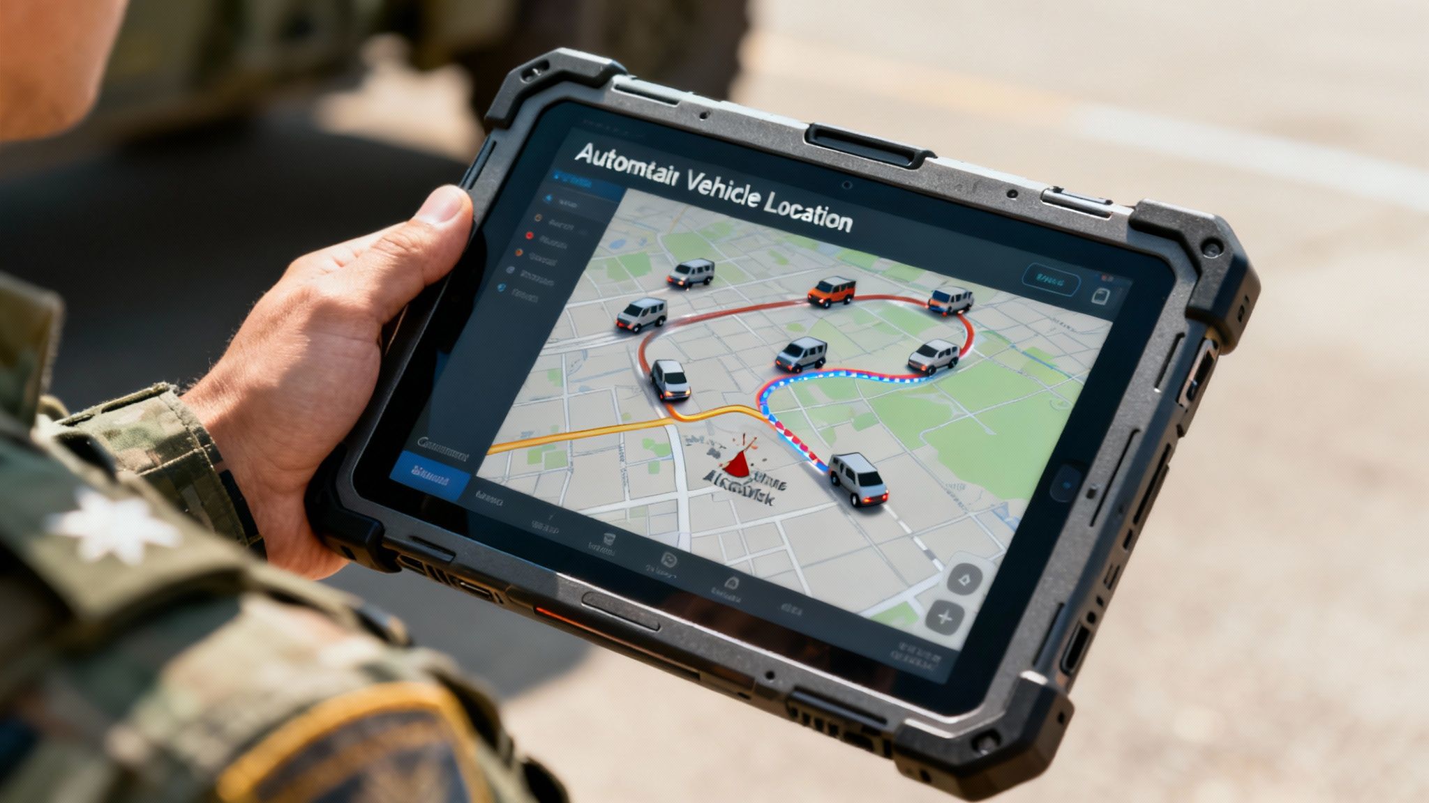 Military personnel holding rugged tablet displaying vehicle tracking map with route visualization and fleet management interface