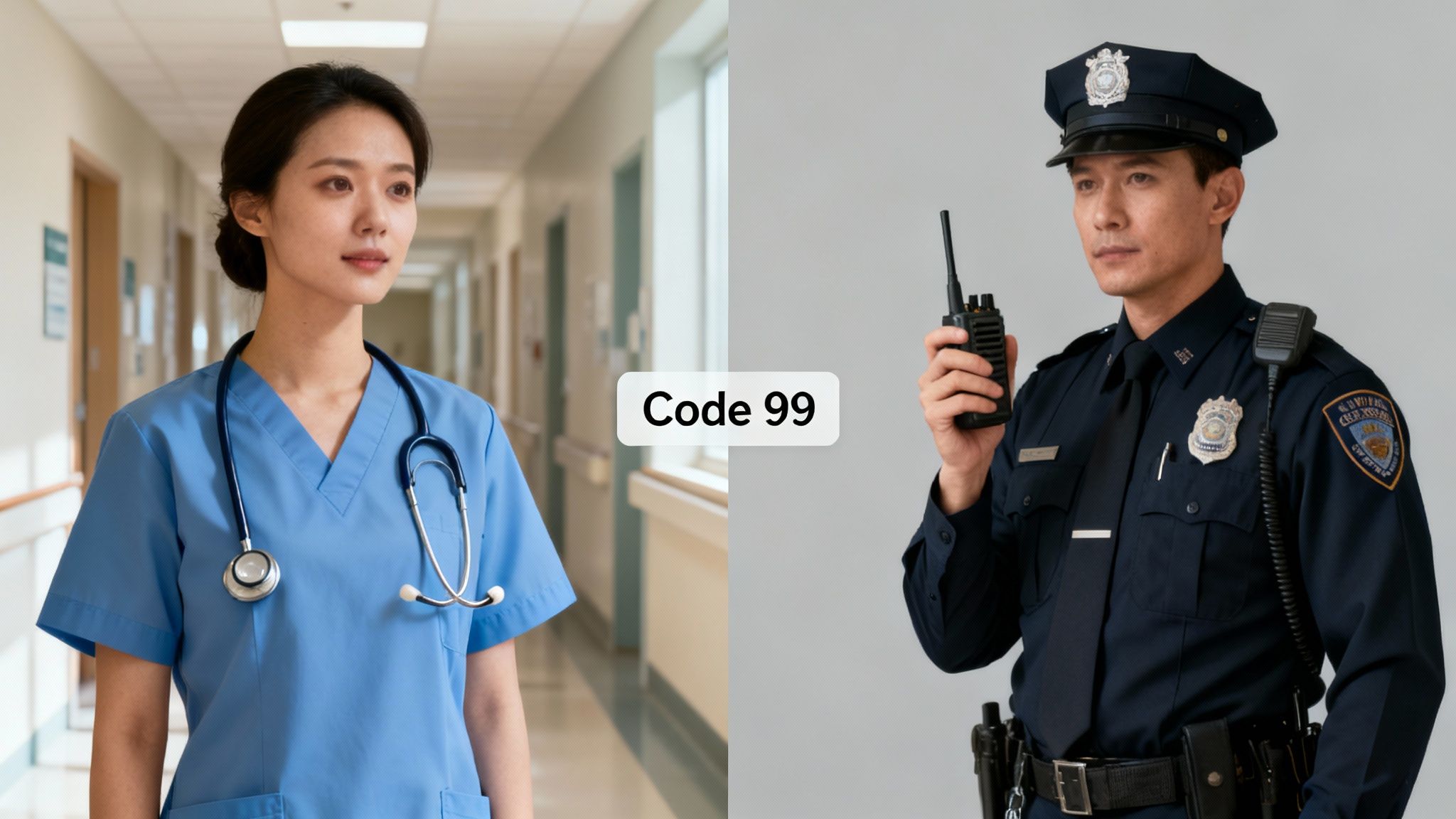 A doctor checking a patient's vitals while a police officer stands in the background.