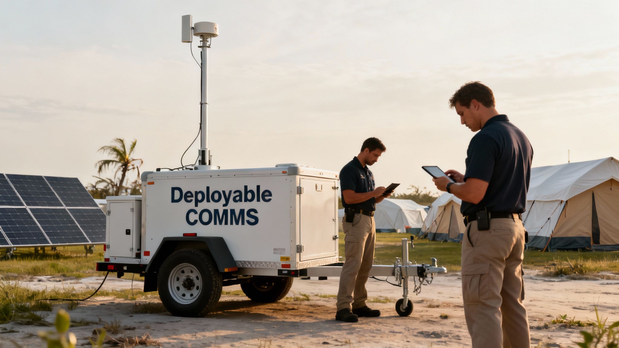 Two men operate tablets near a deployable communications trailer, solar panels, and tents.