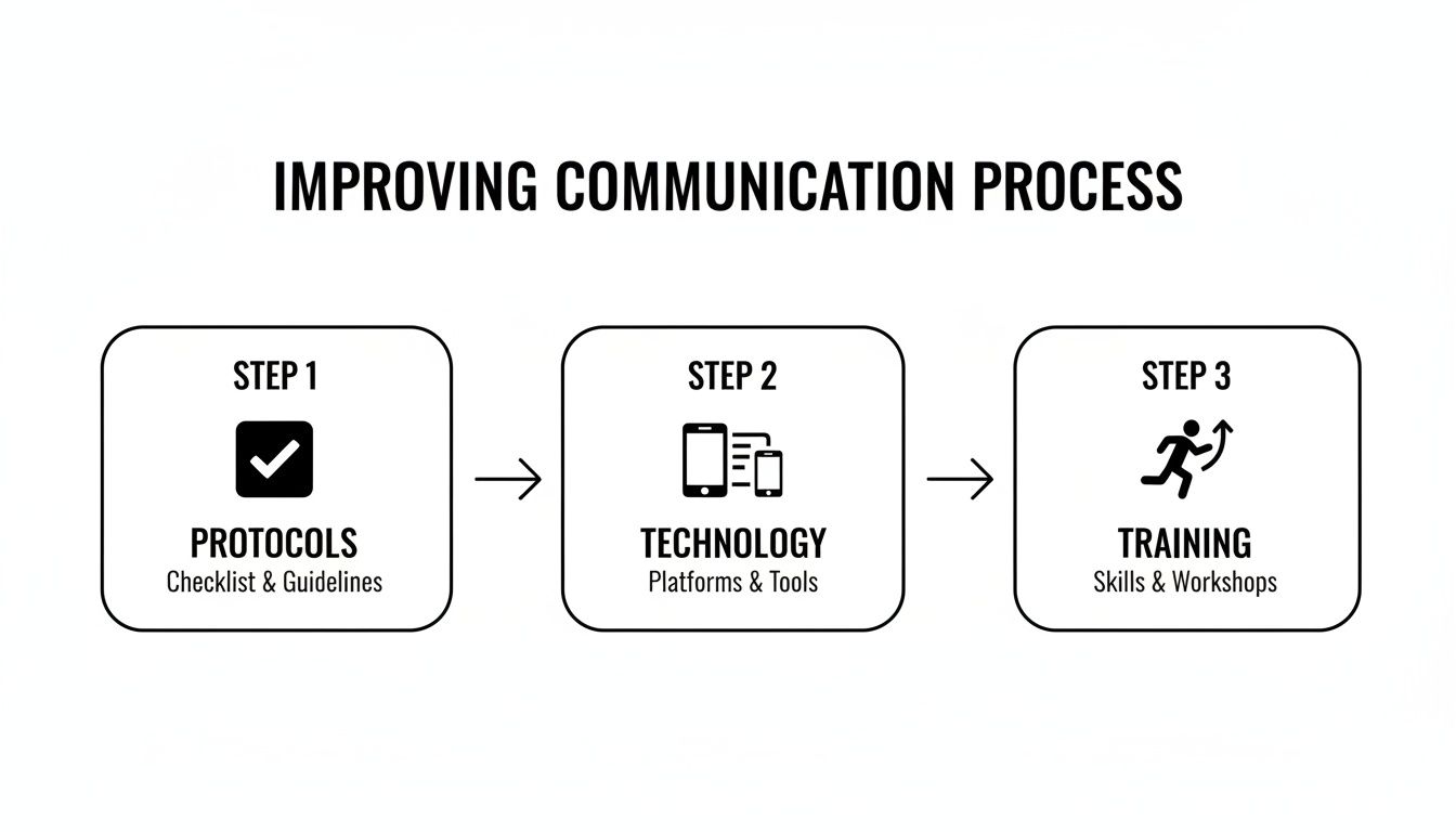 A three-step process diagram outlines how to improve communication through protocols, technology, and training.