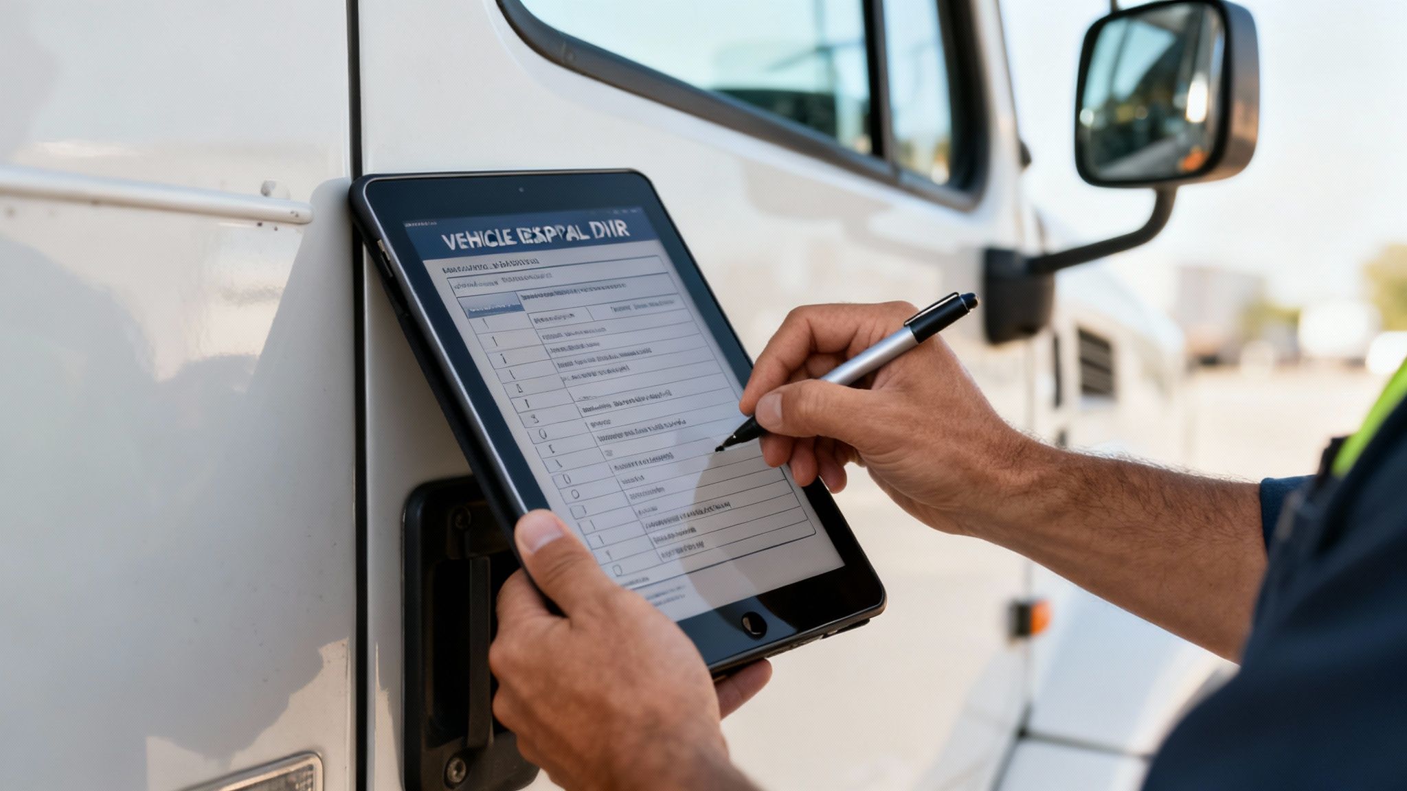 A person uses a stylus on a tablet to complete a digital vehicle inspection next to a white truck.