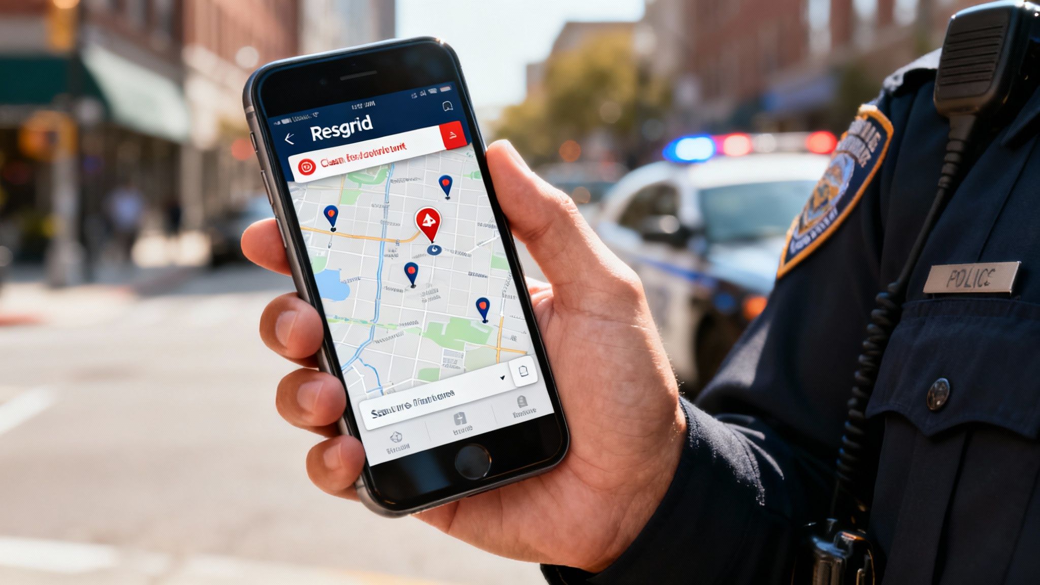 A police officer holds a smartphone displaying a map application with alert pins, a police car is in the background.