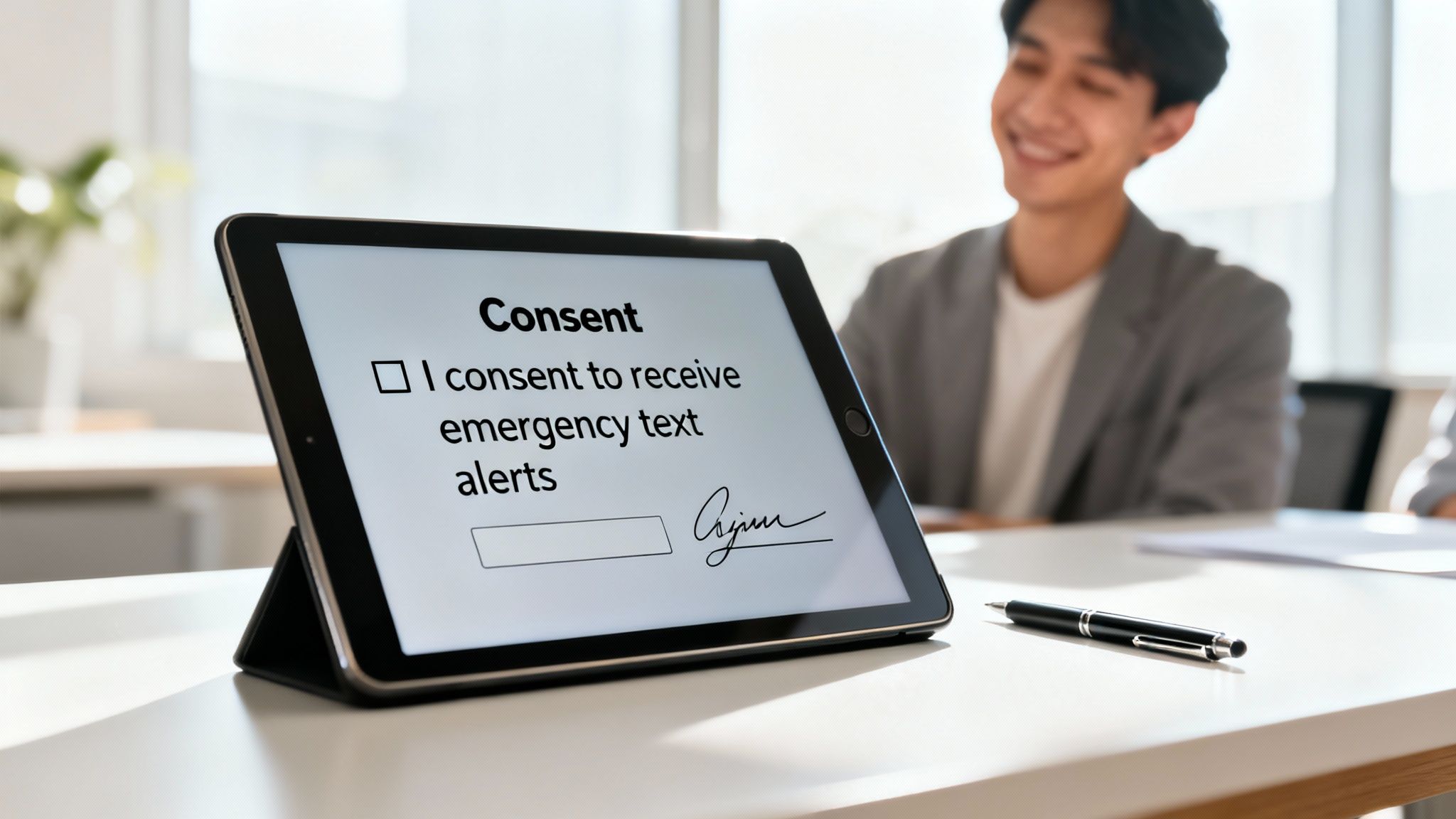 A tablet displays a digital consent form for emergency text alerts, with a signature and checkbox.