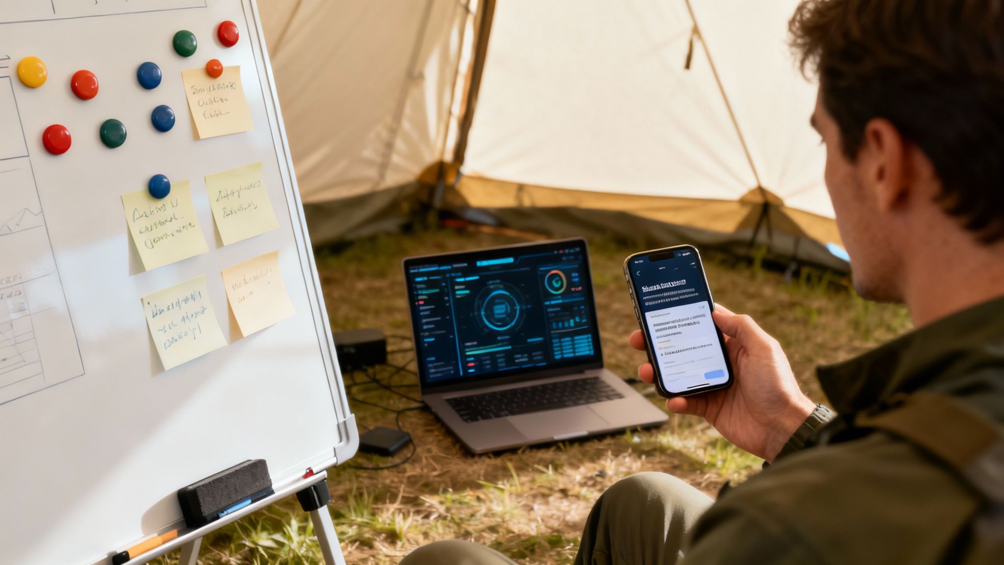 Person using smartphone and laptop with command dashboard inside camping tent workspace