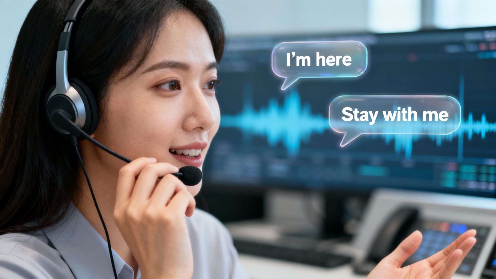 A focused female dispatcher with a headset speaks into a microphone, with text bubbles on a screen.